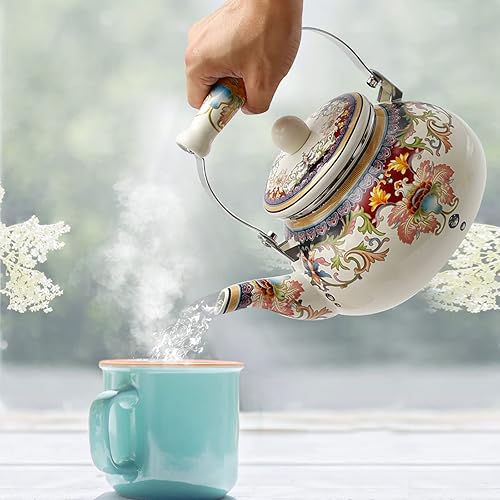 Miniatura 5 de Hervidor de té con flores blancas de 2.5 litros con mango de cerámica, tetera de esmalte de cerámica floral para estufa, sin silbato