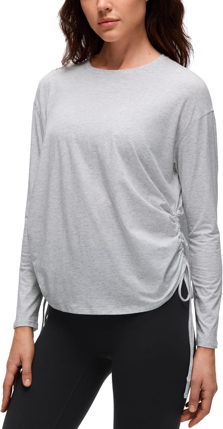 CRZ YOGA Pima Cotton Side Ruched Shirts for Women - Casual Workout Yoga Long Sleeve Tops Loose Crewneck Soft Comfort T-Shirts