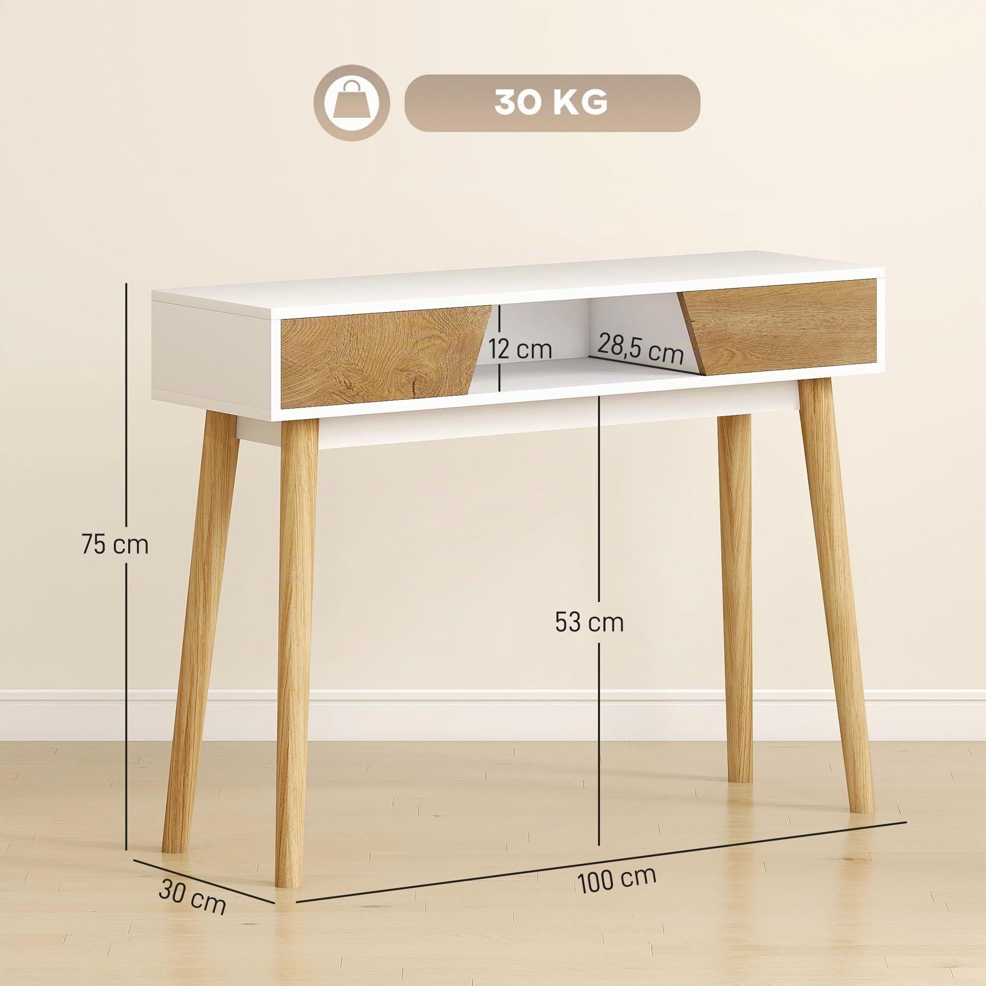 HOMCOM Tavolo da consolle stretto per corridoio e ingresso tavolo da divano moderno con 2 cassetti, scomparto e gambe in legno, per corridoio, ingresso soggiorno, camera da letto, bianco