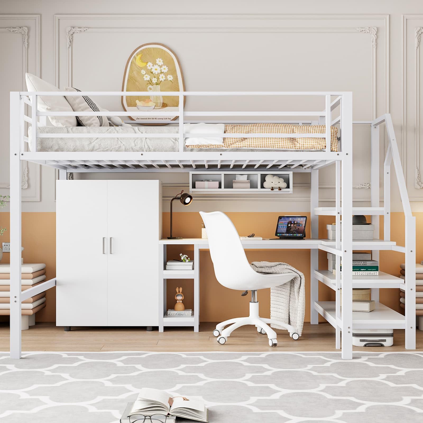 KOMHTOM 140x200cm Multifonctionnel Lit Superposé avec Armoire et étagère, Lit Surélevé avec échelle de Rangement et Bureau(sans Matelas) (Blanc)