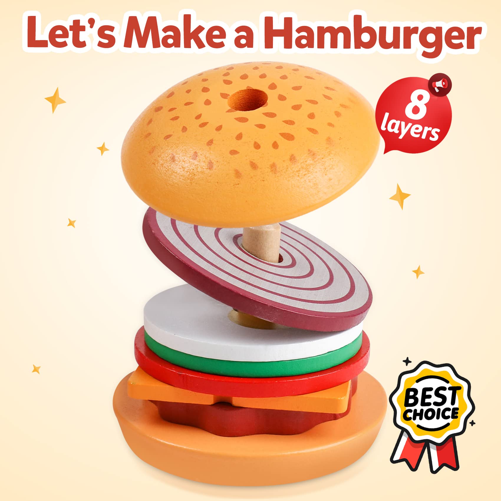 Juguete De Hamburguesa Apilable De Madera – Montessori Con 8 Ingredientes Y Tarjetas De Pedido Para Niños 3-5 Años