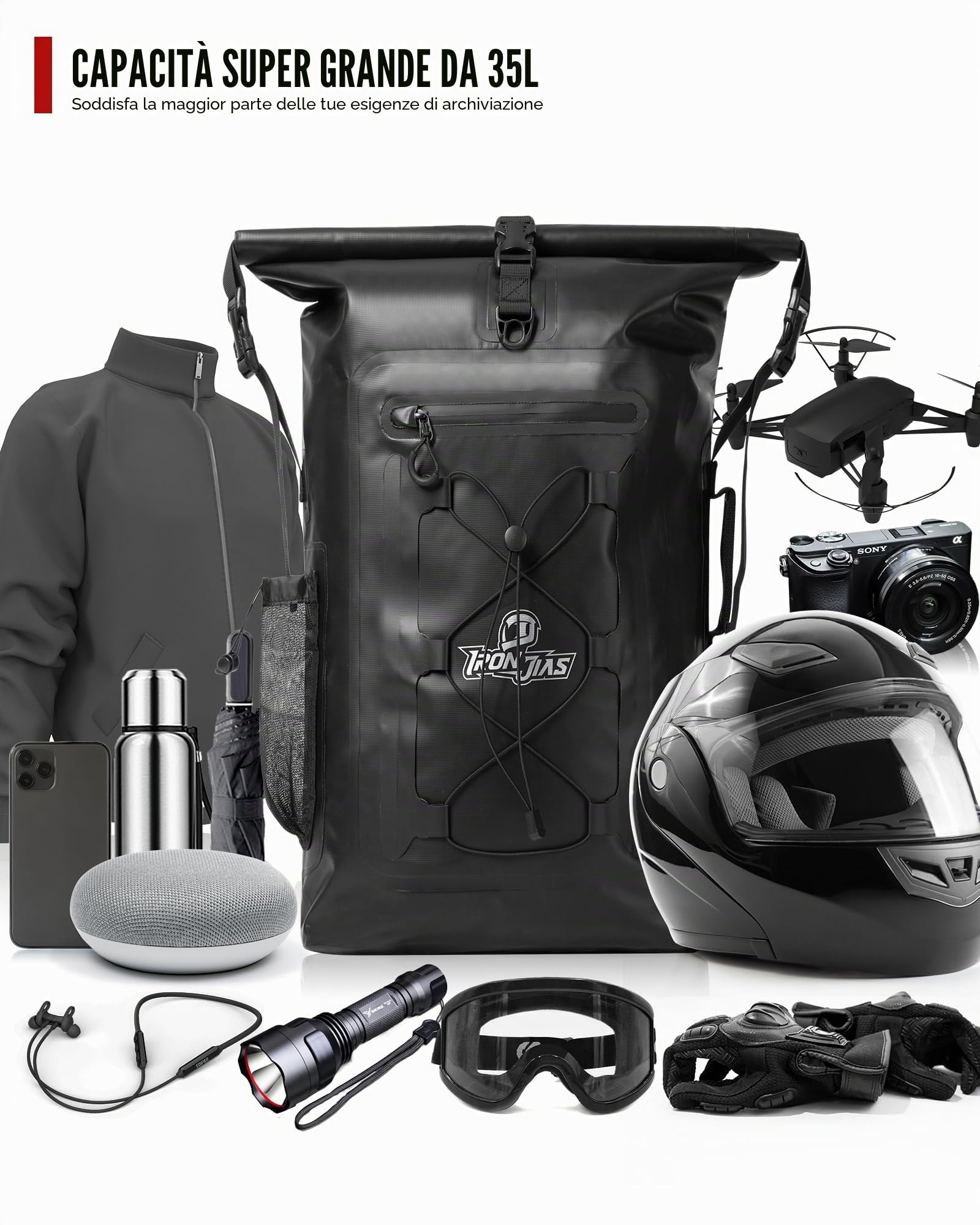 Grapelet Zaino moto impermeabile 40L utilizzabile per biciclette con spallacci removibili con tasche laterali PVC500D nero pioggia neve e protezione fango