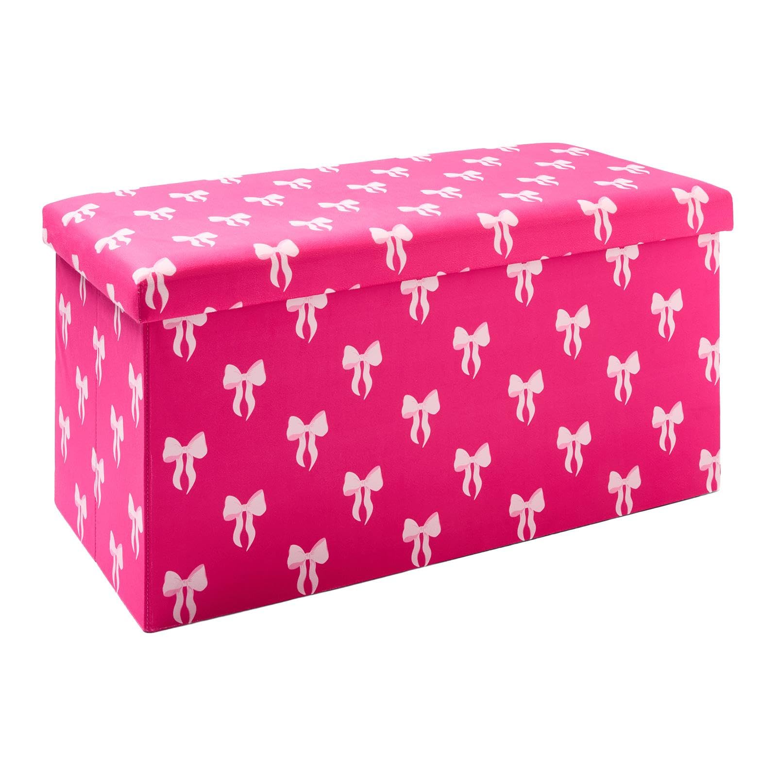 OHS Storage Ottoman Bench Matte Velvet Foldable Box with Lid, Hot Pink Bows