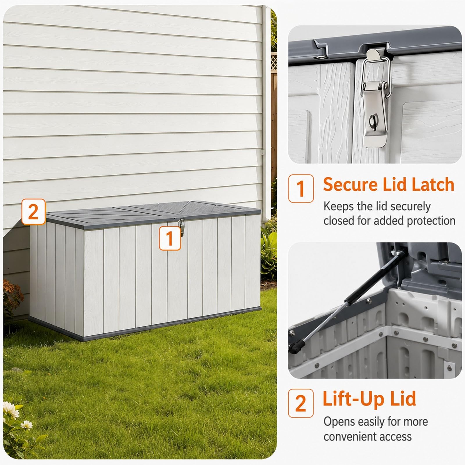 Generico Baule da esterno 21 piedi³ con coperchio assistito a gas, grigio | Baule HDPE da esterno resistente alle intemperie, bloccabile, per cuscini, attrezzi, piscina e pacchi(White)