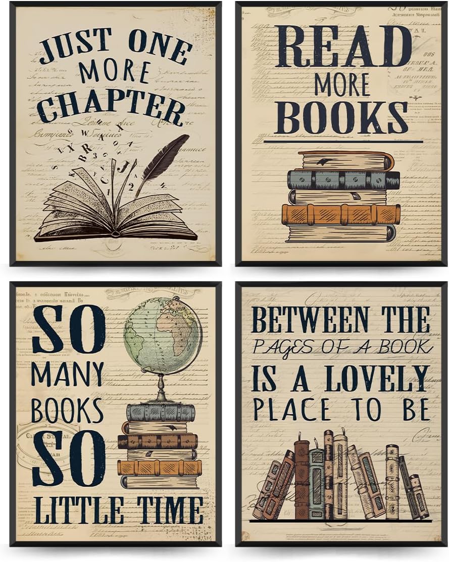 PLKMN Vintage Reading Posters for Library, Bookish Gifts, Book Club Decorations Party Decor, Vintage Book Wall Art 8x10, Wall Decor for Reading Nook High School Classroom, Set of 4 Unframed