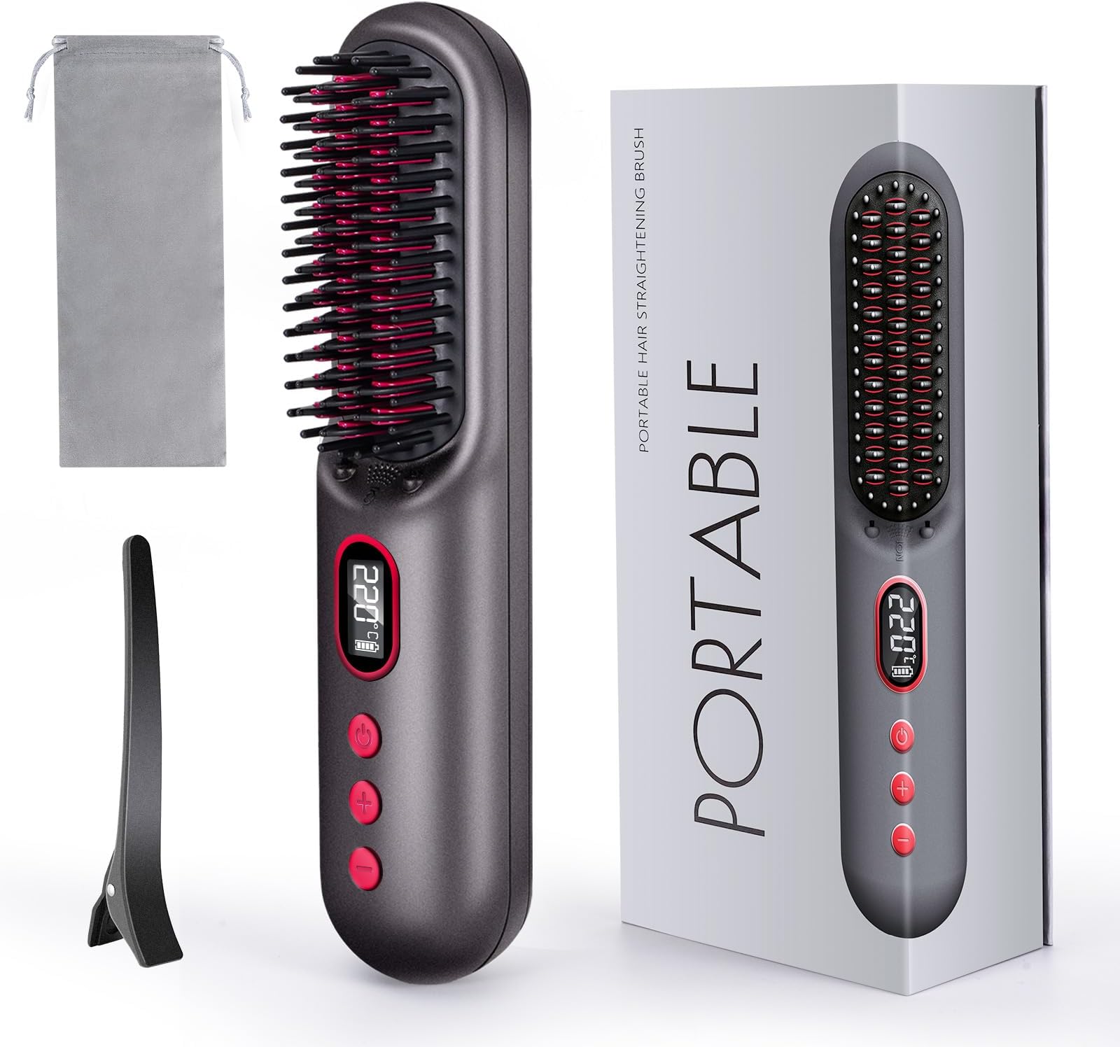 LAMA Plasma Hair Straightener Brush, 11 Temps(120℃~220℃) LED Display, 130 Million Ions, 9000mAh Rechargeable Cordless Portable Heated Straightening Hot Comb for Travel Women Men (Black)