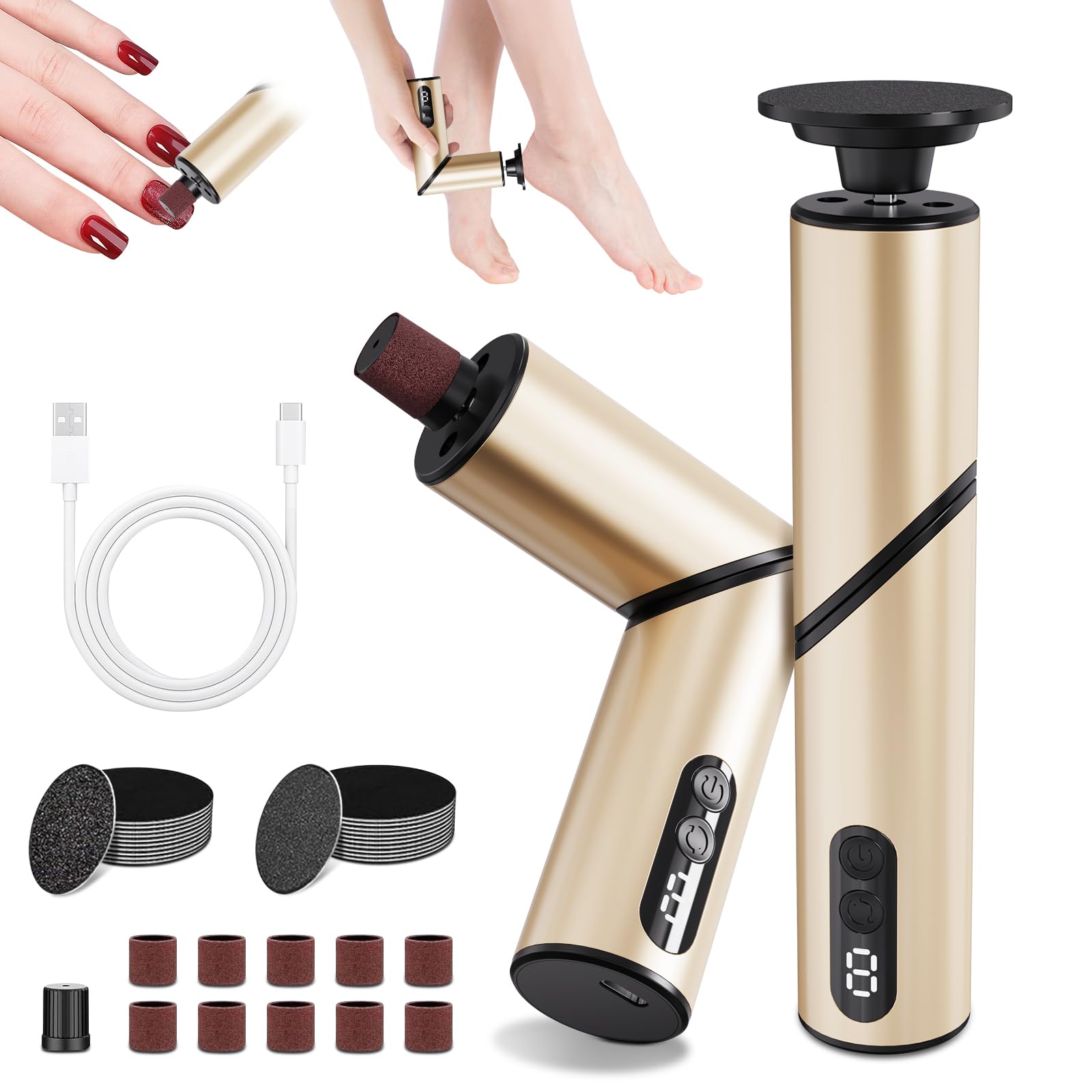 ATAUSD 5 en 1 - Eliminador de callos eléctrico, diseño plegable eléctrico, eliminador de callos y lijadora de uñas para talones agrietados, color dorado champán