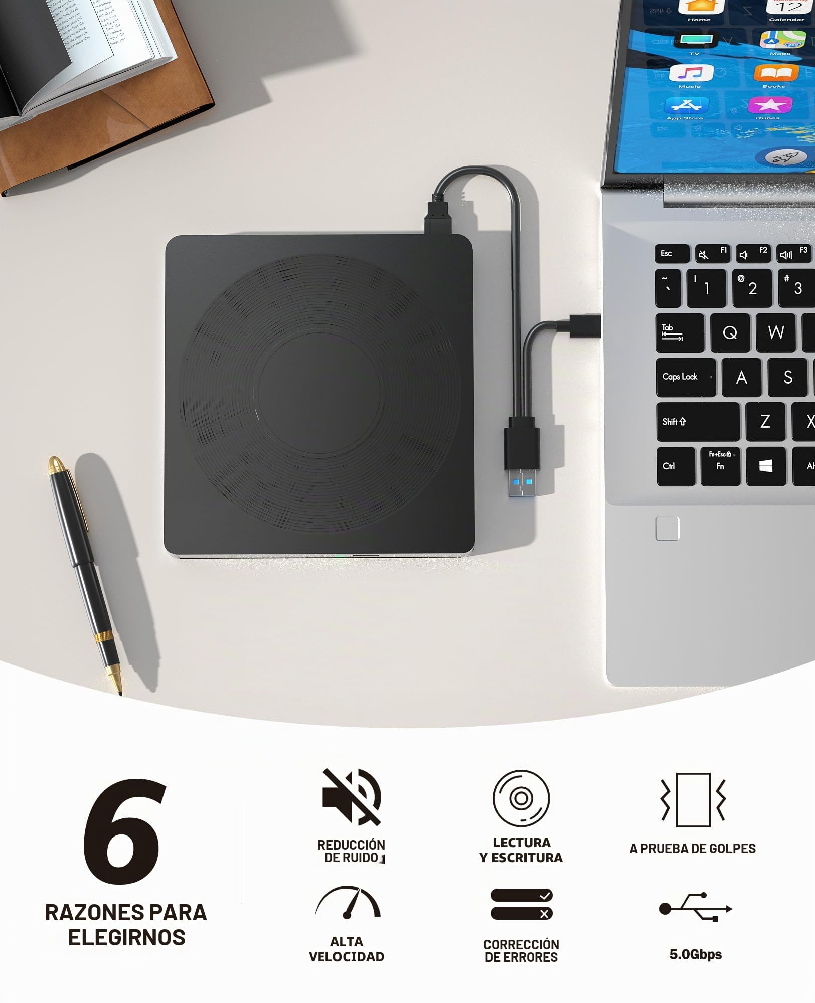 Reproductor de DVD externo 5 en 1 para portátil con grabadora de DVD LightScribe CD Rom unidad externa de CD/DVD para PC USB 3.0, lector de DVD, reproductor de disco apto para Windows XP/7/8/10/11 Mac