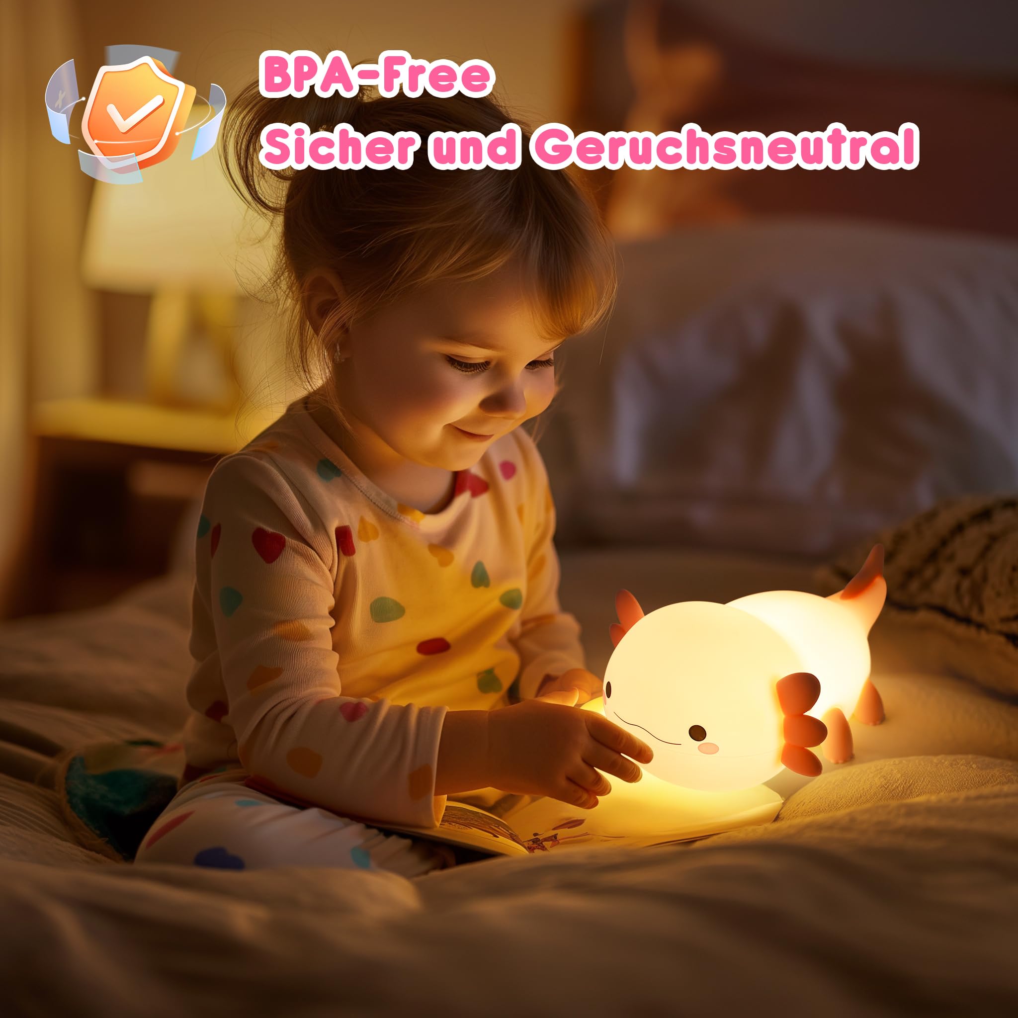 GIACOMO Luce Notturna Axolotl, Luce Notturna per Bambini, Lampada Notturna USB Ricaricabile e Dimmerabile, Luce Notturna Neonato con Timer, Regali di Compleanno di Natale per Bambini e Neonati