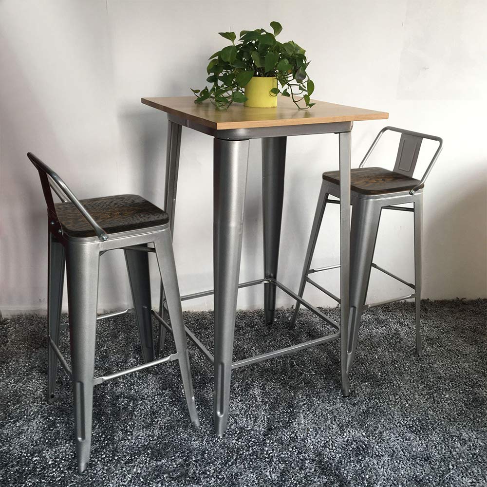 Set di 4 sgabelli da bar in metallo, alto industriale, 84 cm di altezza, seduta con schienale e seduta in legno, per cucina, bistrot, sala da pranzo, interni ed esterni, 84 x 42 x 42 cm