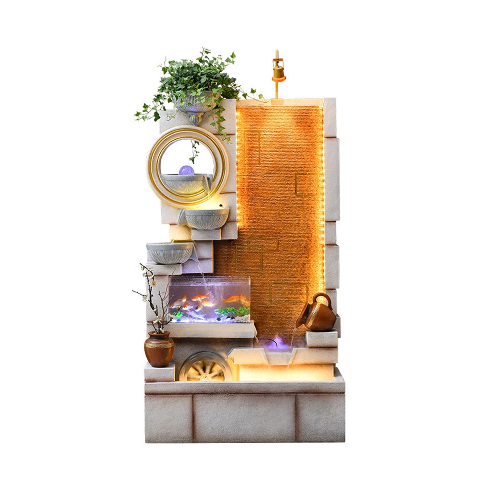 Jingzai202405 Indoor Floor Fountain Indoor Leisure Fountain Waterfall with Fish Tank and Plant Misting Humidifier, Floor Standing Fountain for Home and Bedroom Decoration Water Fountain(Beige)