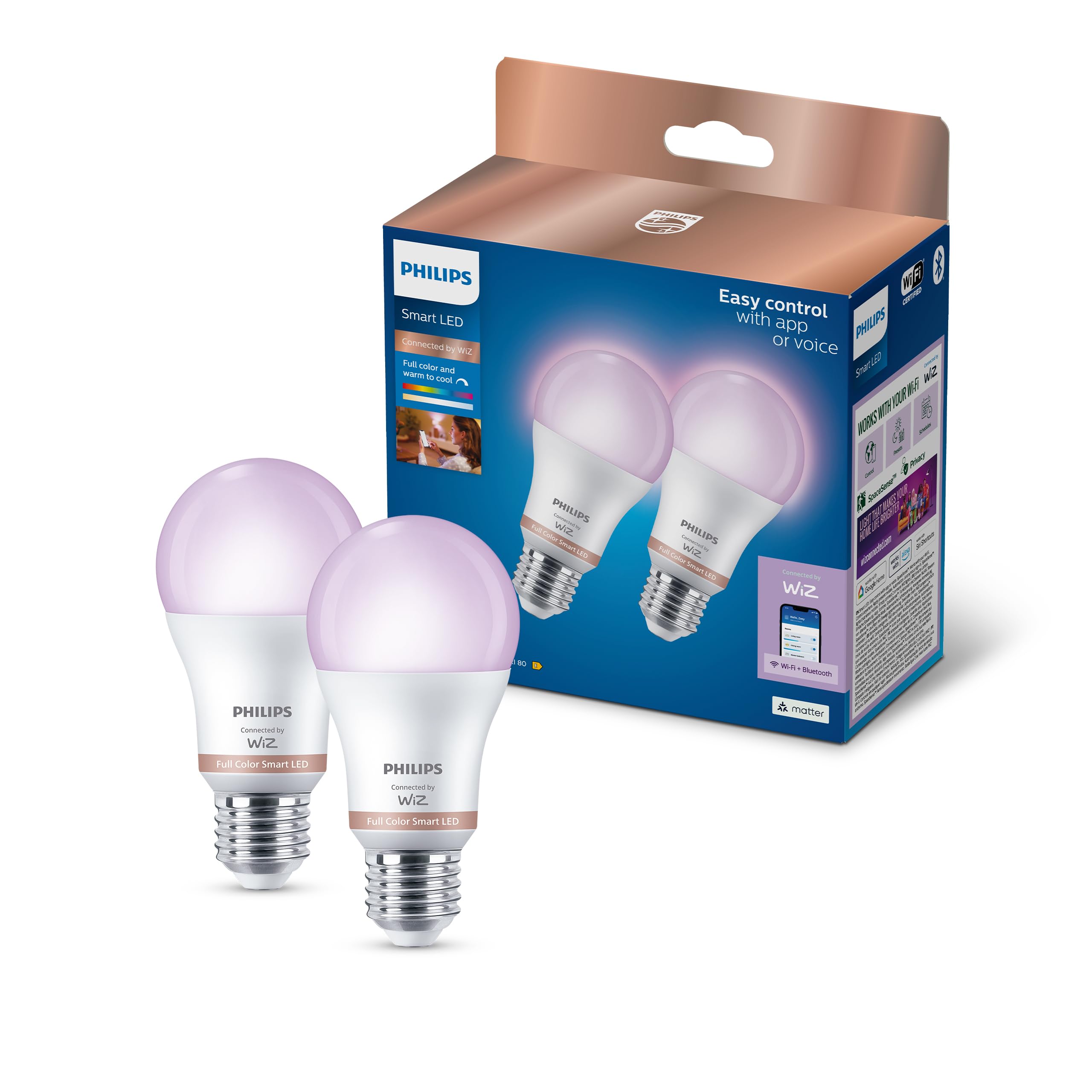 Philips Smart Lighting, Smart LED RGB A60 Bulb, 2 Pack, E27 Base, 1521 lm, Color and Tunable White Light 2200-6500 K, Low Dimming, Connected by WiZ, Alexa, Google Home, Apple Home
