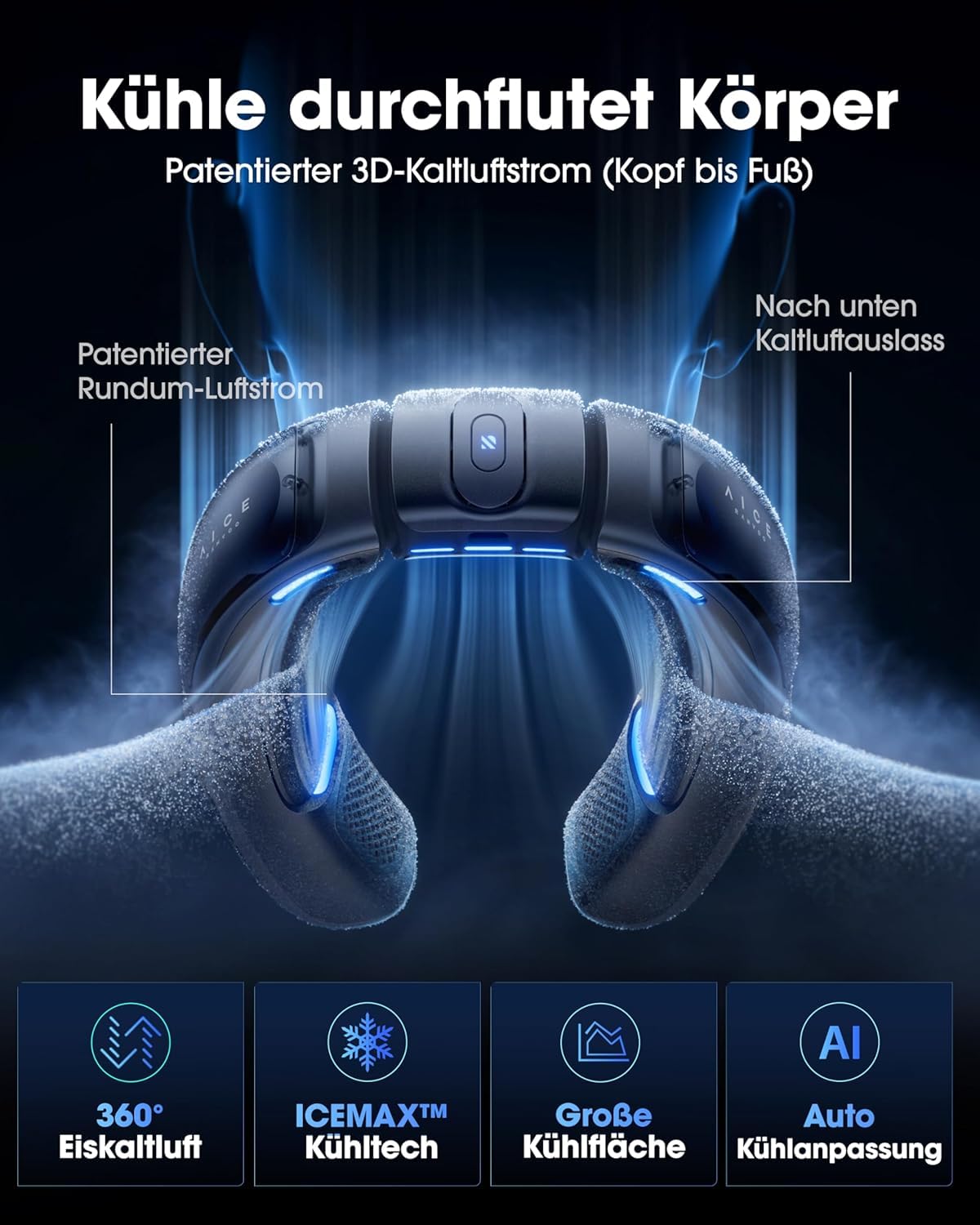 Nr.1 Kühlung AICE 3 AI Nacken-Klimaanlage 7000mAh 30H [Kühlung/Heizung] [Gesundheitsmonitor] Nackenventilator mit Kaltluft, App, wiederaufladbar, Musik, Anrufe, Geschenk, Eisweiß, ohne Ständer