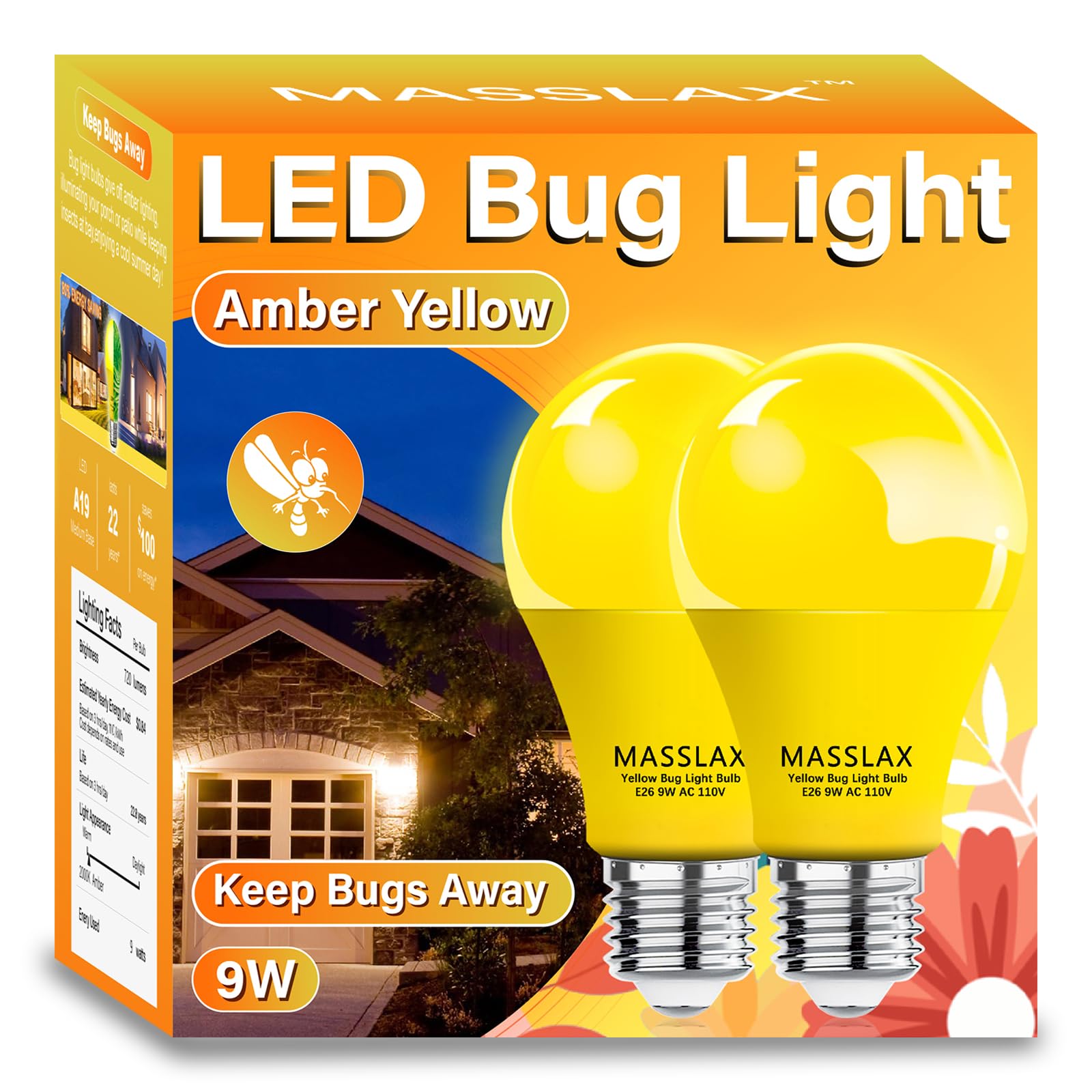 2 Pack Amber Yellow LED Bug Light Bulbs,9W Replace to100W Bug Light,E26 Base LED Bug Lights for Outdoor Porch Light, Decorative Lighting Lamps,Bedroom Night Light Bulb