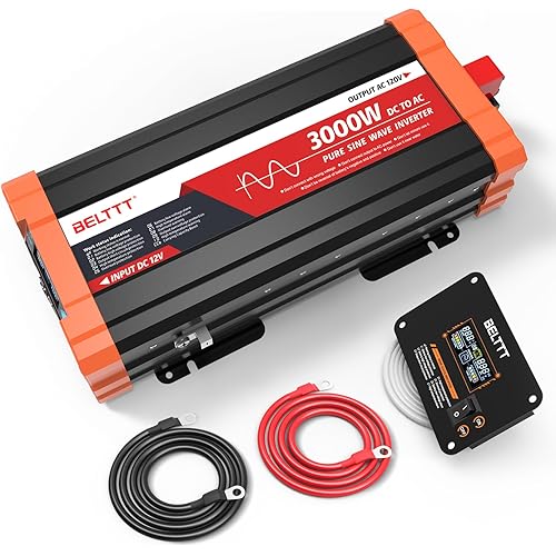 BELTTT 3000W Pure Sine Wave Inverter 12V DC to 120V AC for RV, Truck, Off-Grid, Home, Solar Car Power Inverter with Dual AC, 20A Socket, 5V 2.1A USB, Hardwire Port, Remote Controller 23Ft Cable