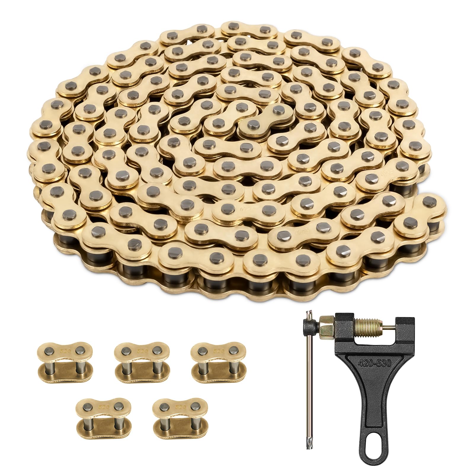 Belleone 520 Gold Motorcycle Chain 114 Links with Chain Breaker, 520 Drive Bike Roller Chain with 5 Master Links for 250cc 300cc Series DRZ250 RMZ250