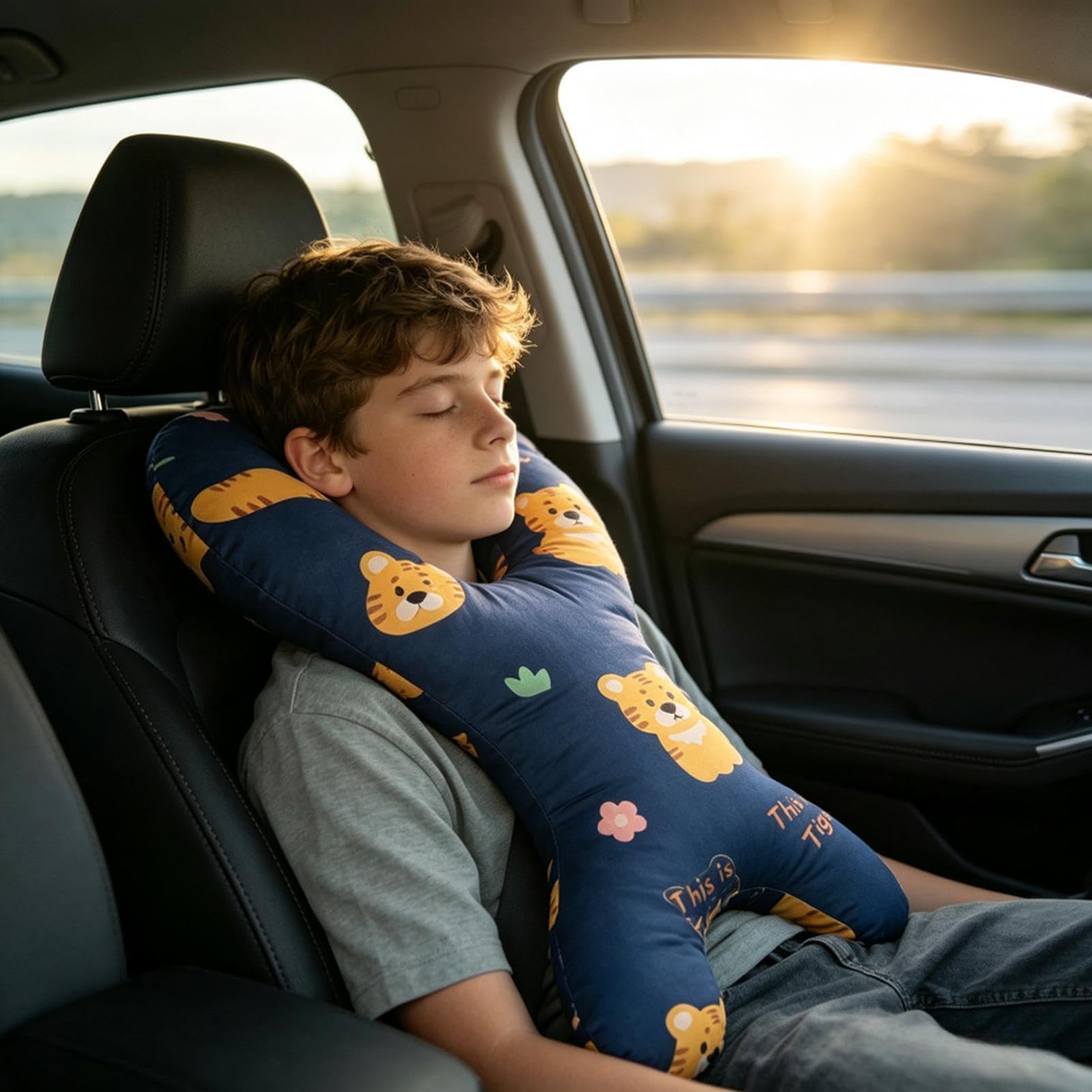 Almohada Infantil para Coche Cojín de Soporte de Viaje en H con Correa