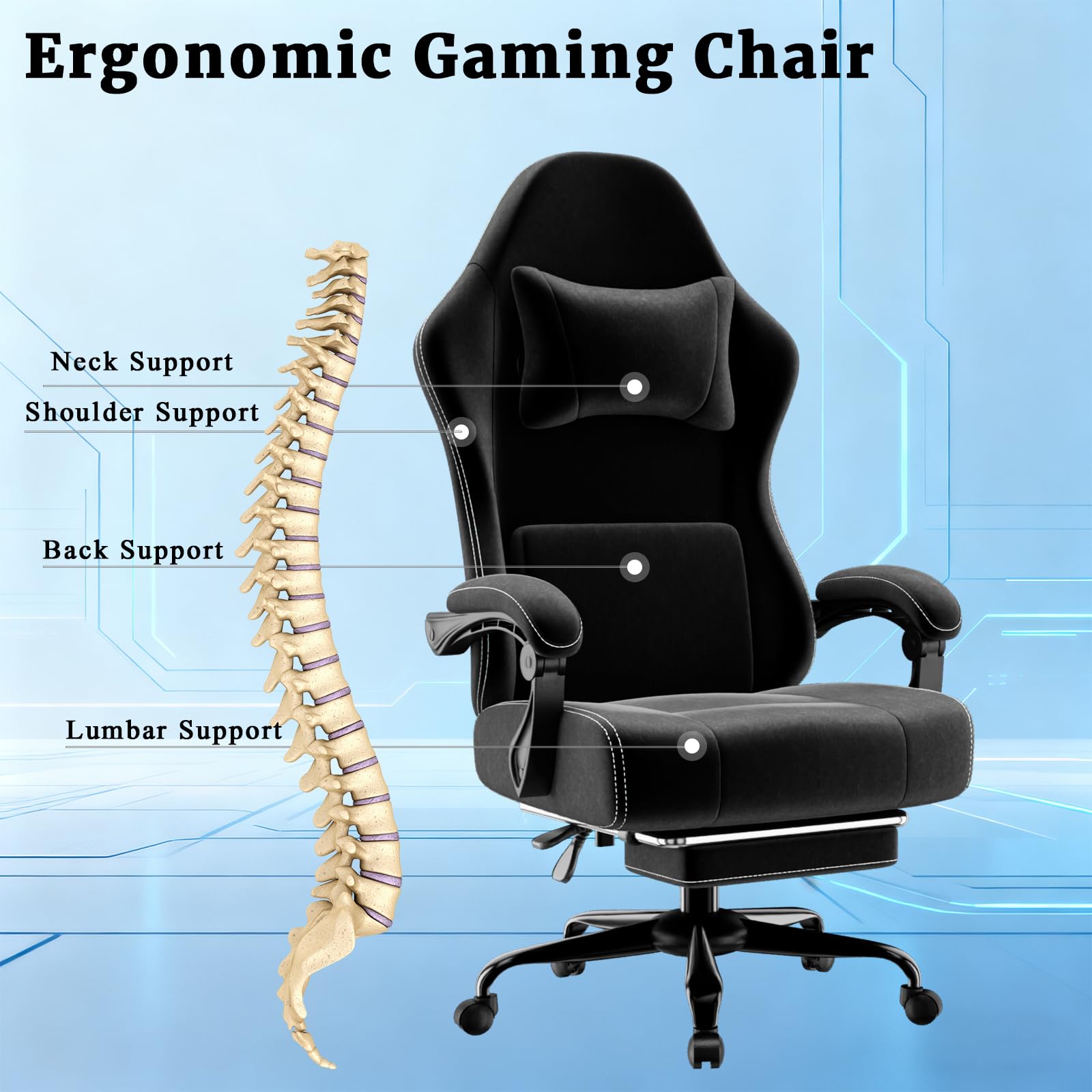 Chaise Gaming Ergonomique avec Ressorts Ensachés et Repose-Pieds, Fauteuil Gaming avec Soutien Lombaire Réglable, Chaise Bureau Respirant Jusqu'à 150 kg (Noir Profond)