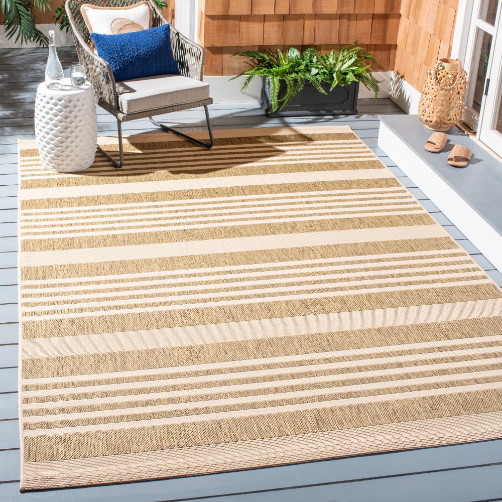 SAFAVIEH Courtyard Collection 6'7' x 9'6' Brown/Bone CY6062 Stripe Indoor/ Outdoor Patio Backyard Mudroom Area Rug