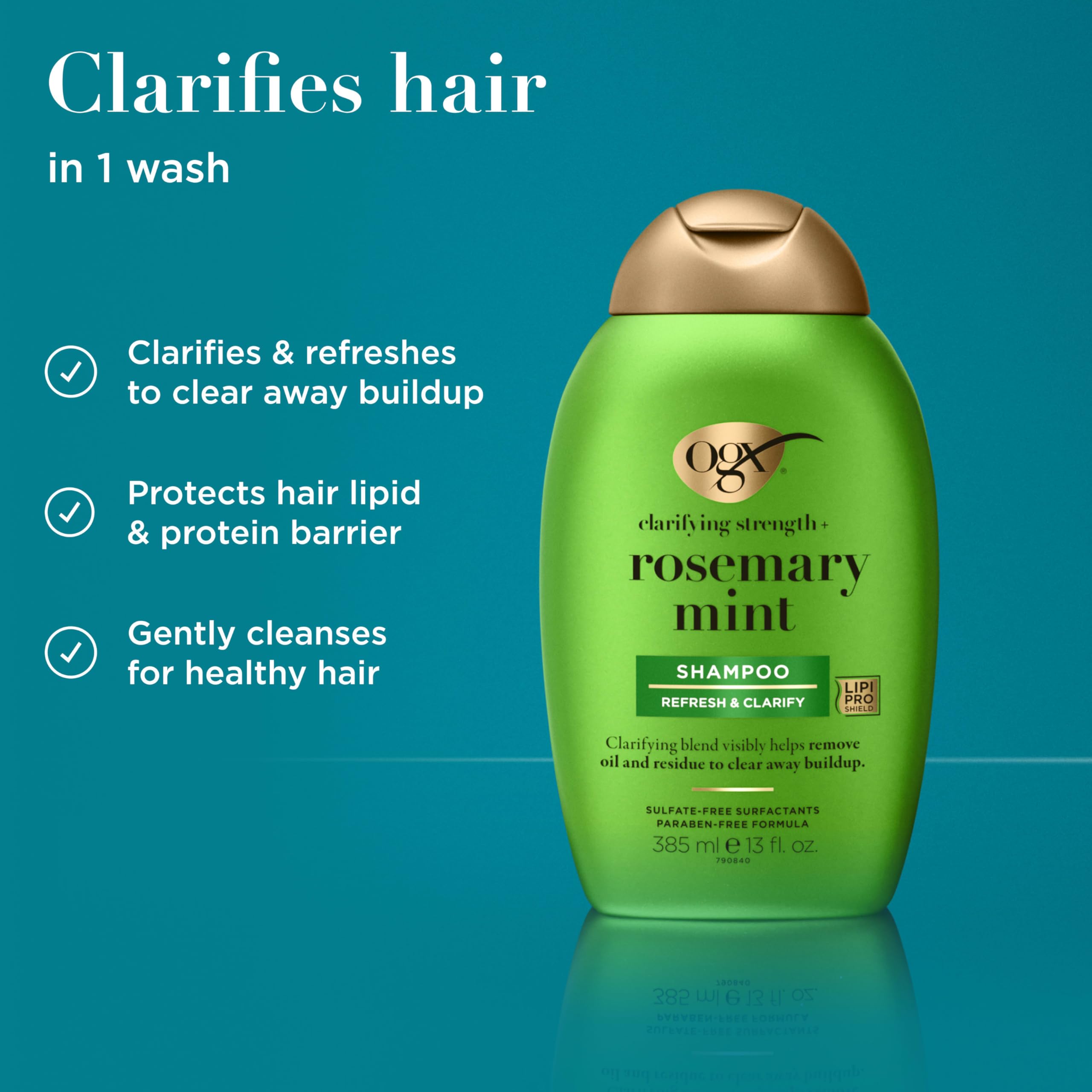 OGX Clarifying Strength + Rosemary Mint Shampoo, Clarifying Shampoo for Oily Hair Visibly Helps Remove Oil & Residue to Clear Away Buildup, Sulfate-Free Surfactants, 13 fl. oz