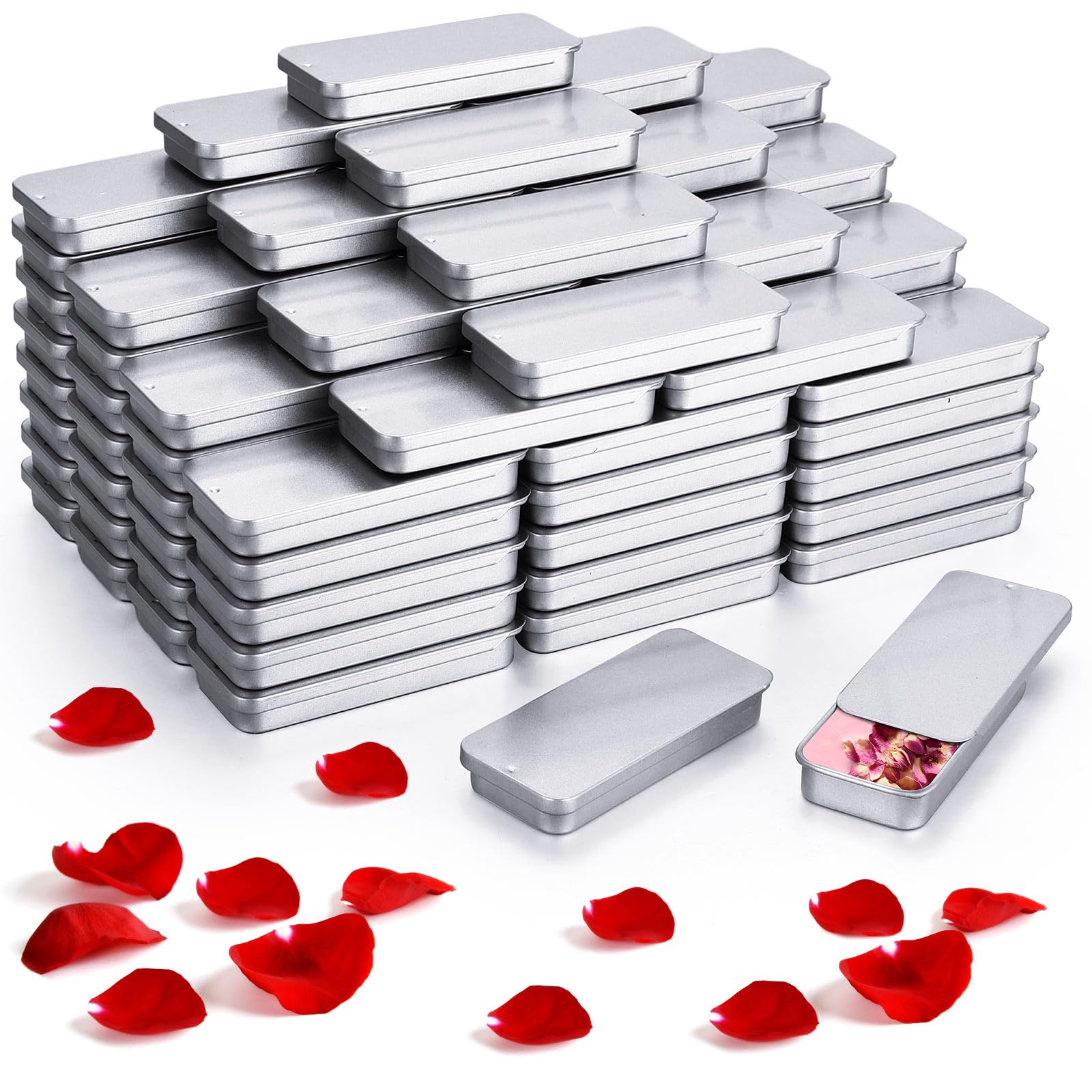 Norme 100 Pcs Slide Top Small Tin Containers Rectangular Cosmetics Metal Boxes Small Lip Balm Containers Tin Box Metal Tins with Lids for Lip Balm Jewelry Crafts Pills, 3.15 x 1.38 x 0.43 (Silver)
