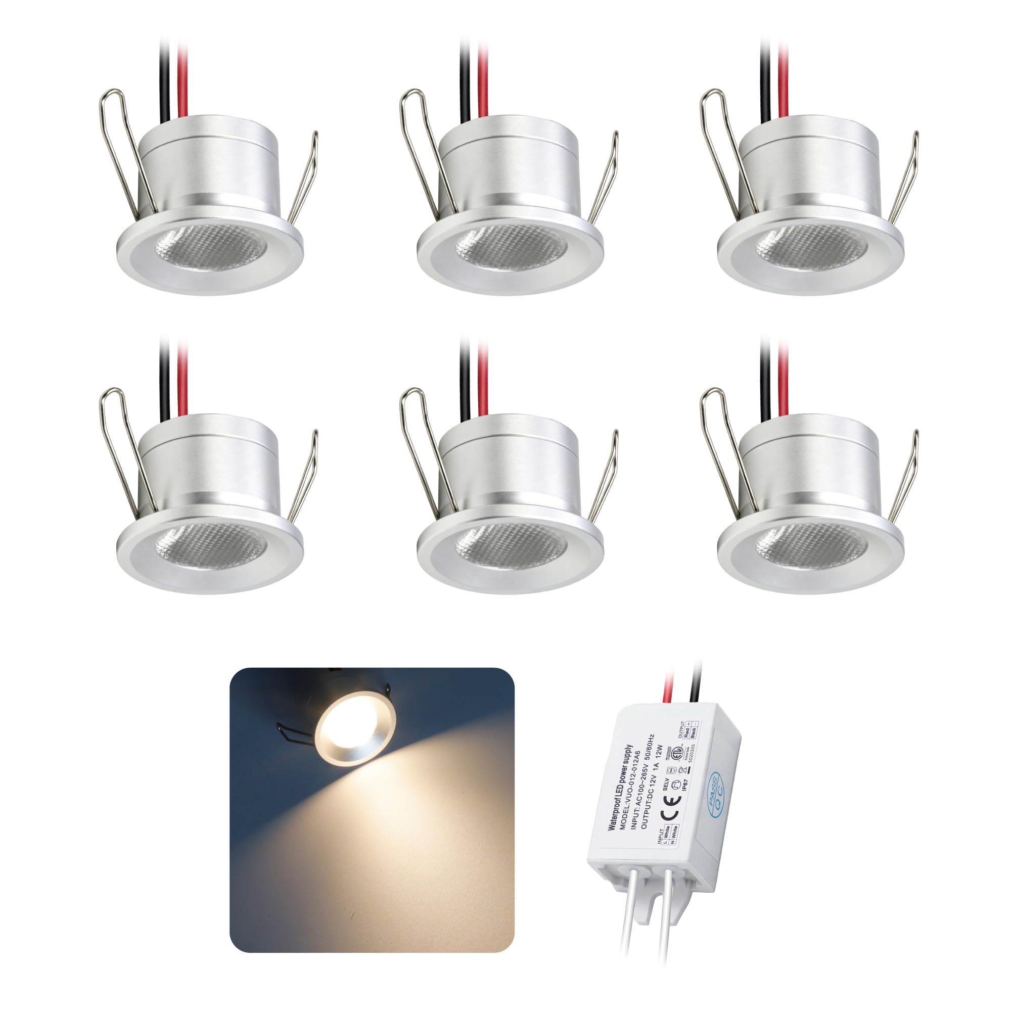Mini Spot LED Encastrable 2W 6 pcs DC 12V, IP65 Étanche Petite Taille Lampes Avec Transfo 220V, 25mm Pointeur Éclairage Encastré Pour Meuble Terrasse Exterieur Armoires Escaliers (Blanc Chaud)