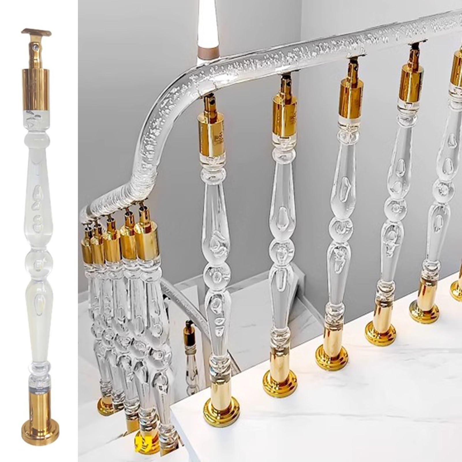 GLDYTVF Modern Acrylic Stair Railing Balusters, Transparent Stair Handrail Post Column, Interior Staircase Baluster Spindles with Gold Hardware(1 Pack,85cm(33 1/2"))