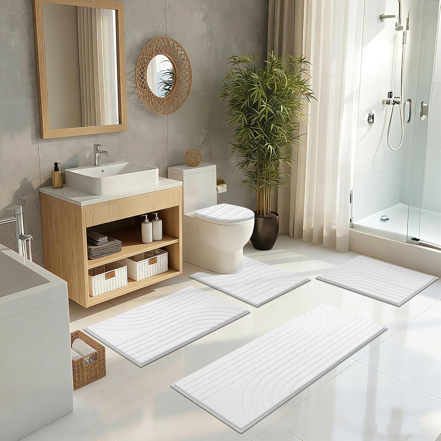 Pauwer Bathroom Rugs Sets 5 Piece, Plush Absorbent Microfiber Non Slip Bath Mat Set for Bathroom, Washable Runner with U Shaped Contour Toilet Rugs, Shower Mats and Toilet Lid Cover, White