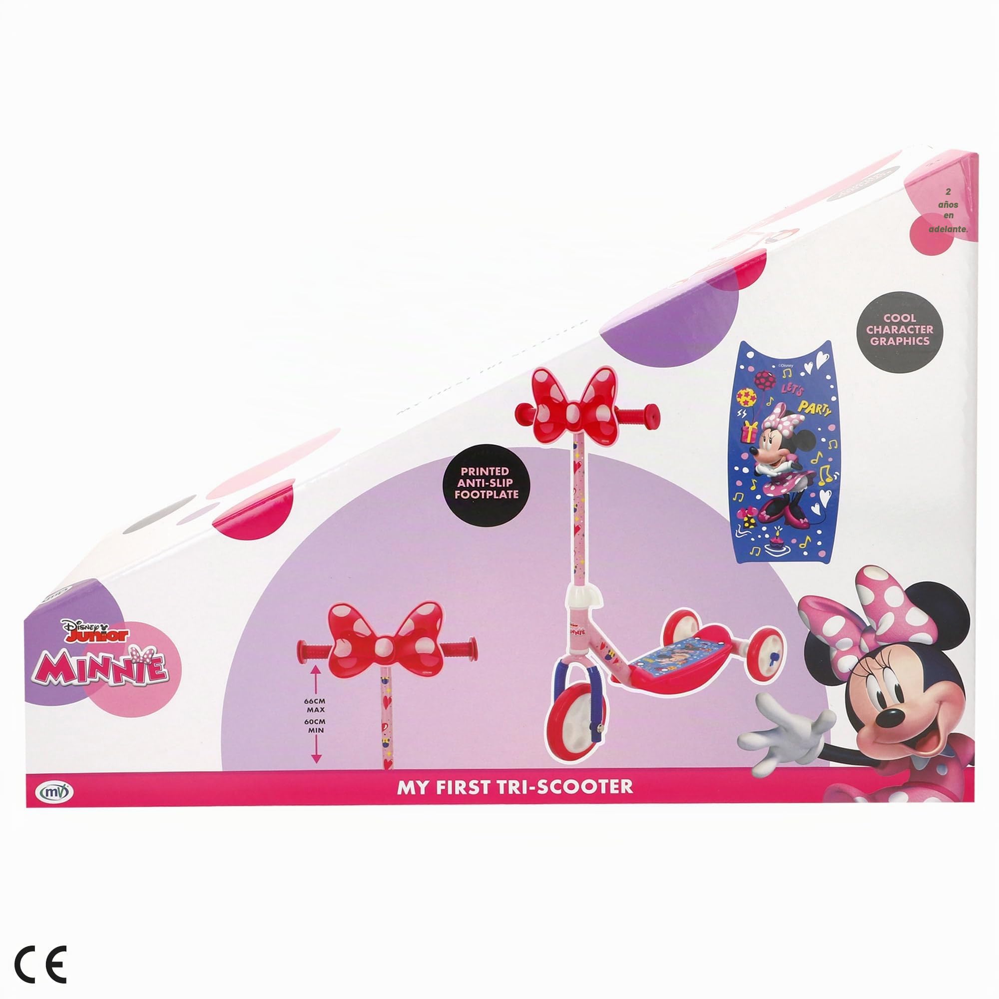 Disney Minnie Patinete 3 Ruedas +20 kg +2 años, 57x30x60-66 cm, Escudo Delantero, Juegos para niños, Motricidad, Diseño Colorido Minnie Mouse, Patinete Infantil, Fácil de Montar (77742)