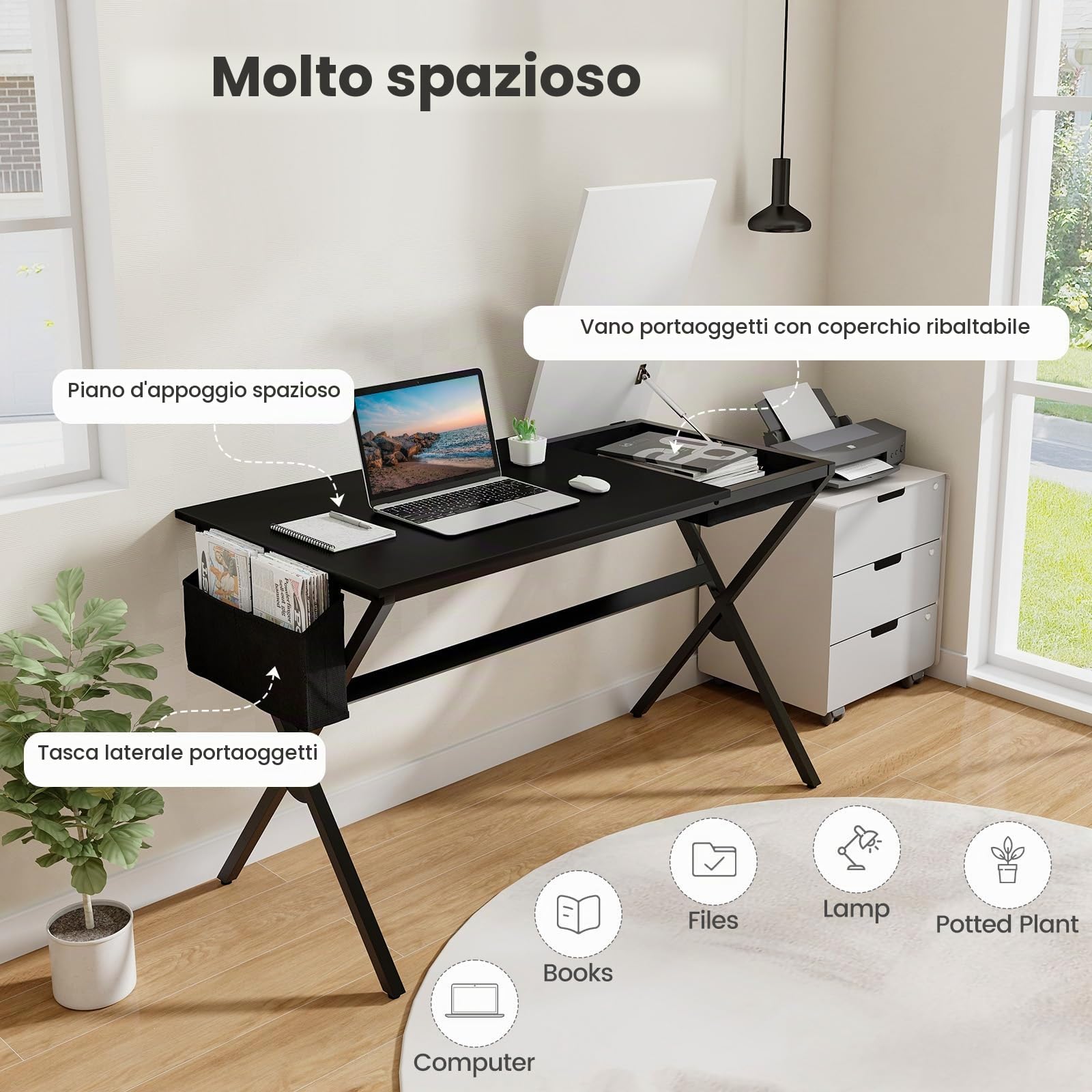 GIANTEX Scrivania per computer con portaoggetti pieghevole | Tavolo da scrittura con borsa portaoggetti laterale, postazione di lavoro in telaio metallico, 120 x 60 x 73,5 cm