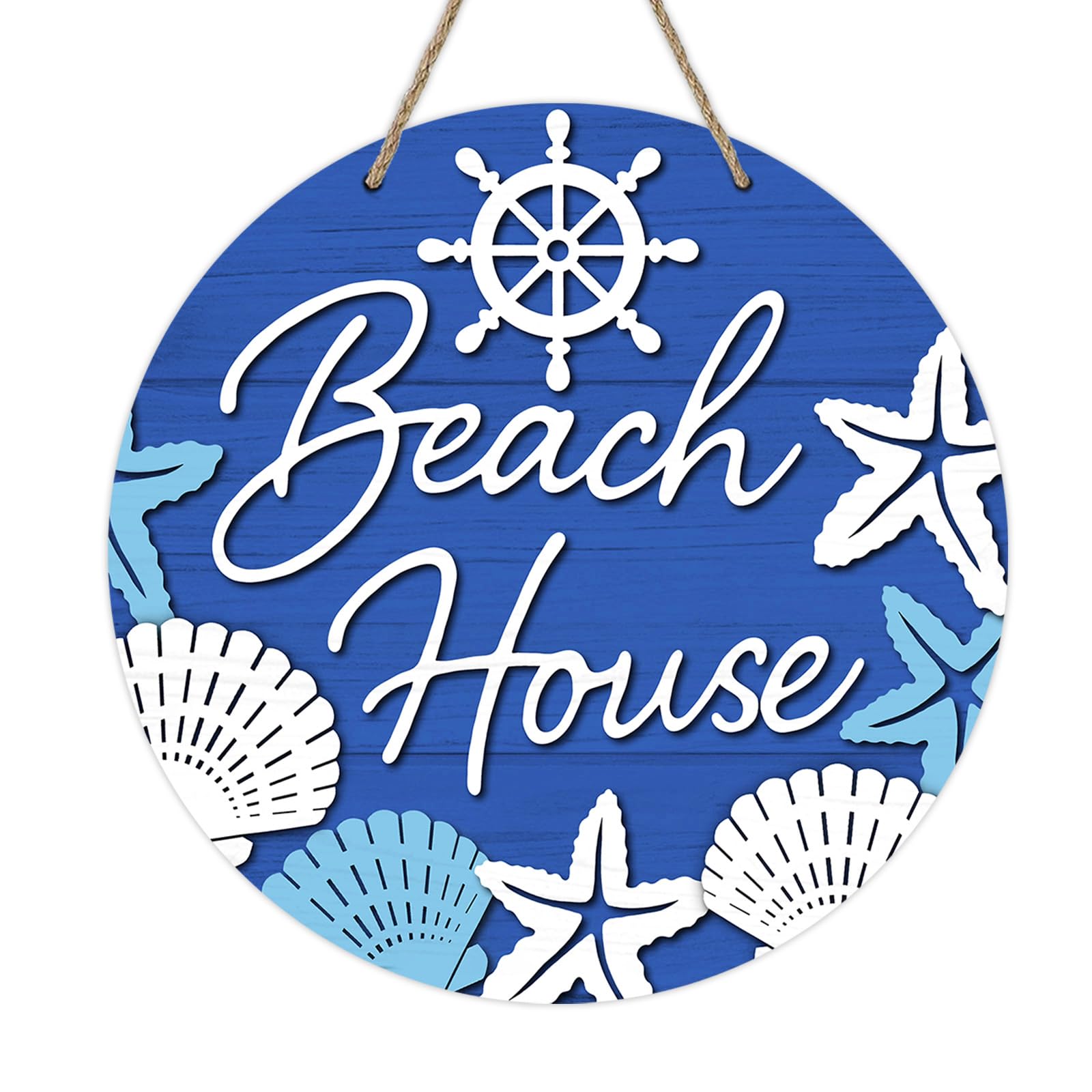 Deroro Beach House Navy Blue Front Door Sign, Coastal Starfish Conch Helm Wood Door Hanger Outdoor Outside Porch Decor, Summer Nautical Farmhouse