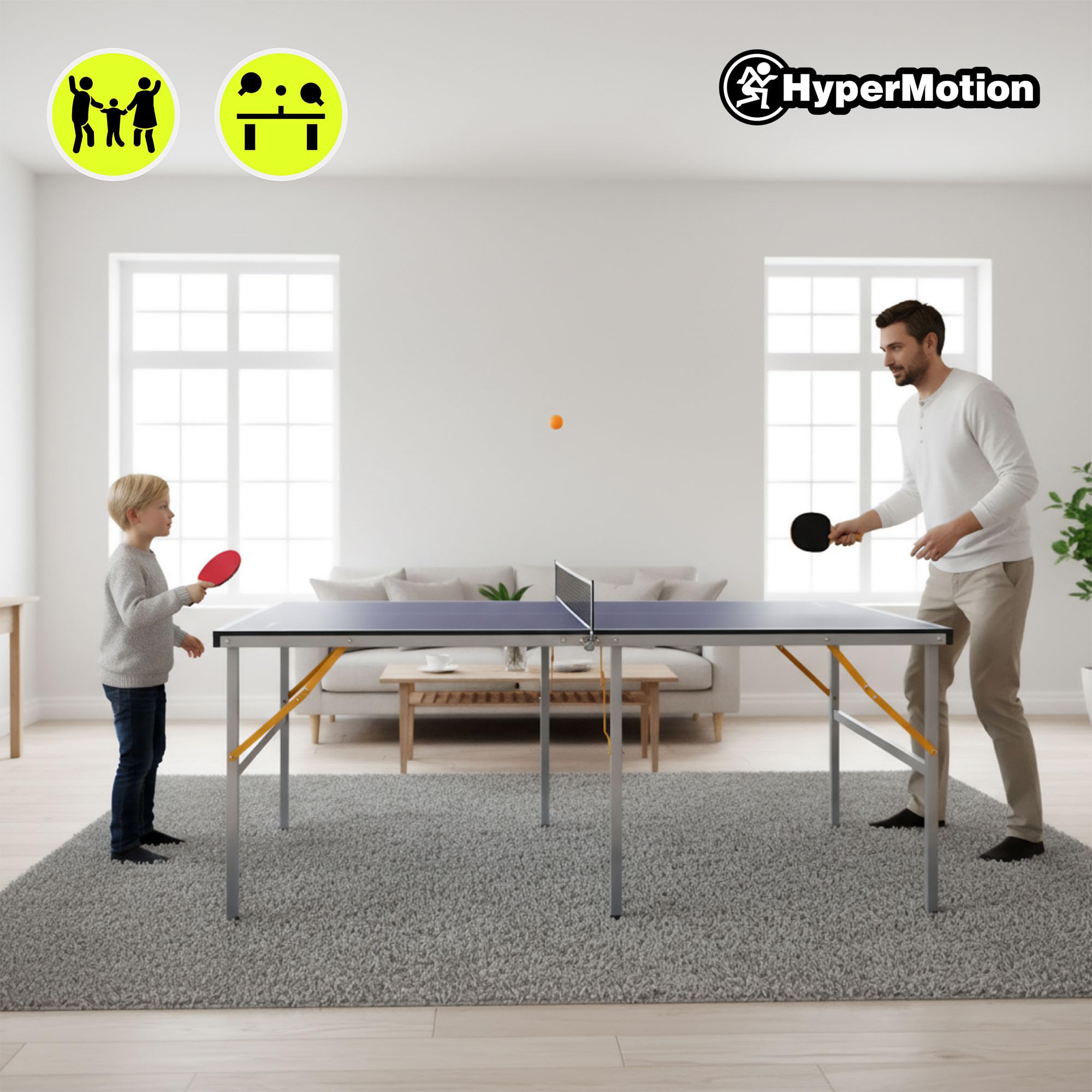 HyperMotion HYP32 Table de Ping Pong Pliante pour Enfants et Adultes, Modèle Compact d’Intérieur avec Filet, Raquettes et Balles, Facile à Transporter