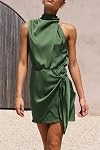 PRETTYGARDEN Robe satinée courte 2026 Robes de soirée de soirée sans manches en cou de mock d'été pour femme