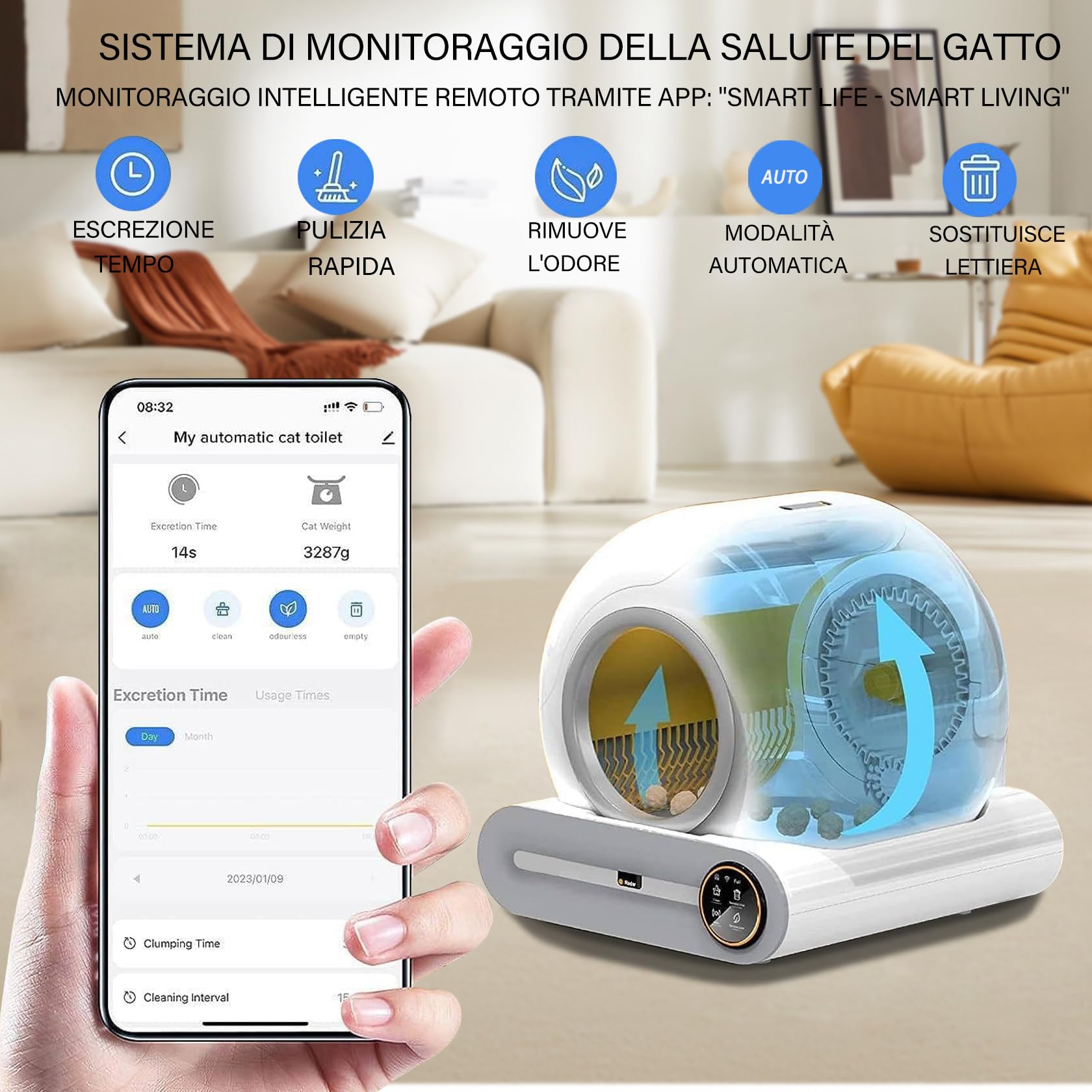Lettiera Gatto Autopulente, Lettiera Automatica, Antiodore | App Controllo, Progettazione Sicura, Facile Manutenzione, adatto a Più Gatti
