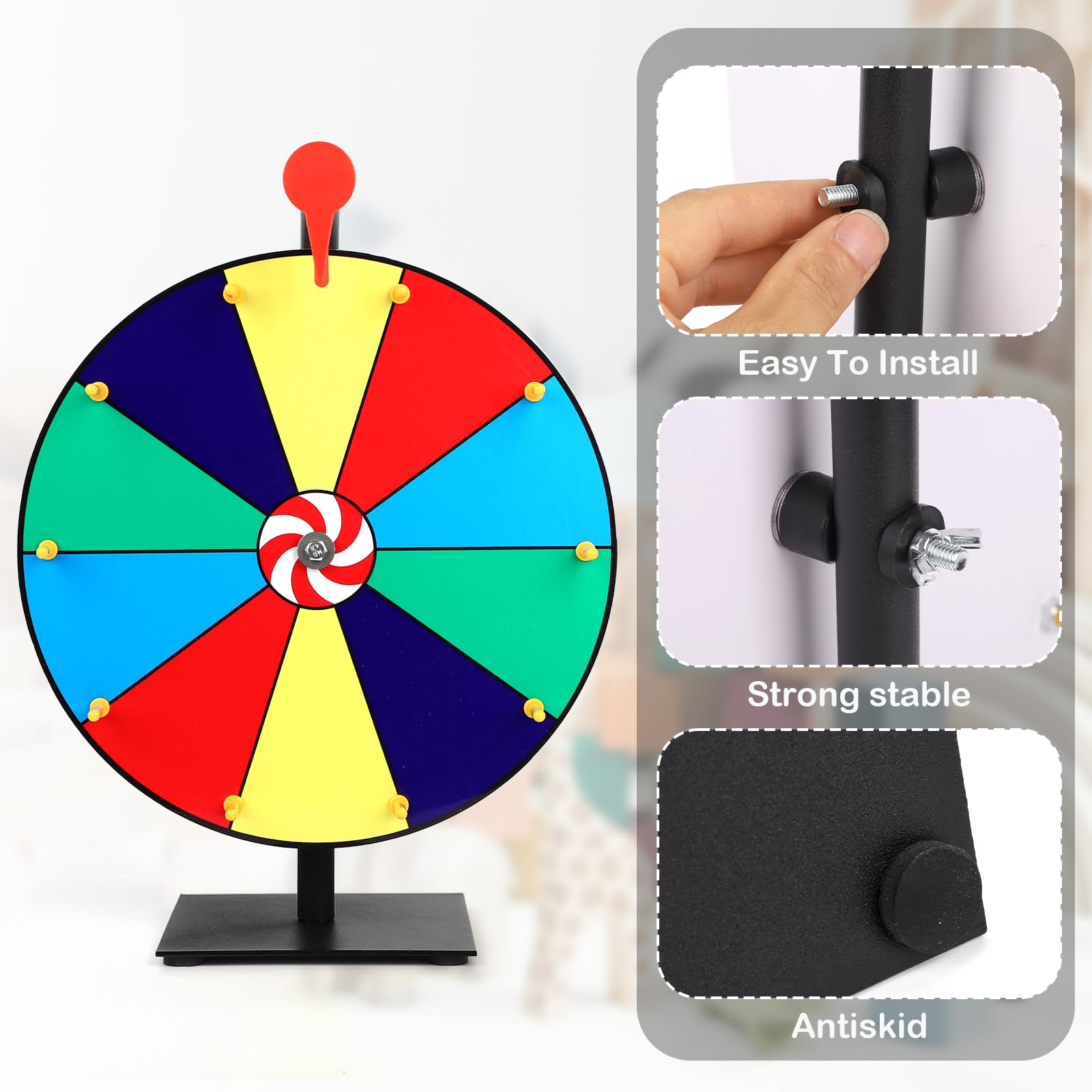 NQEUEPN 40cm Ruota dei Premi Che Gira, 10-Slot Tavolo Ruota Fortuna con Supporto, Ruota della Roulette con Cancellazione a Secco e Pennarello per Carnevali Fiere Gioco Spin