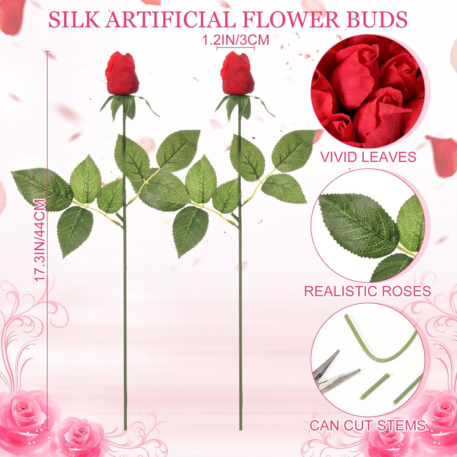 15 Pcs Red Rose Buds Silk Artificial Flower 17" Silk Bud Realistic Design Faux Rose Artificial Flower with Stem for DIY Bouquets Wedding Centerpiece Party Kitchen Home Decor