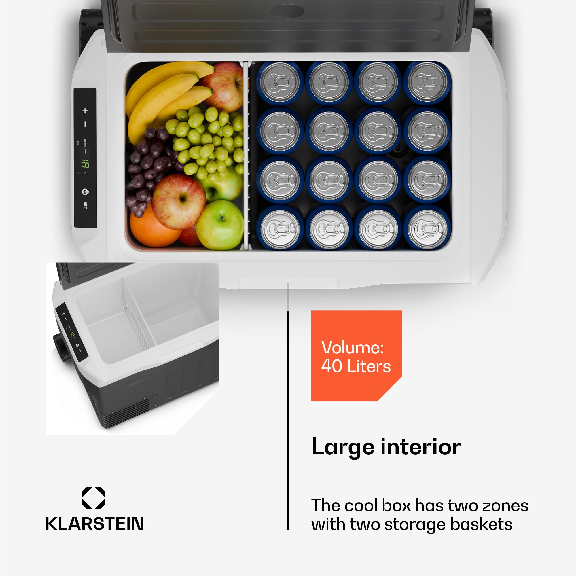 Klarstein PolarForce 40-Liter- Kühlbox – Elektrische Kompressor-Kühlbox mit LCD-Bedienfeld, -20°C bis 20°C, Dual Power (12V/230V), ECO-Modus, Ideal für Camping und Road-Trips, Gefrierbox