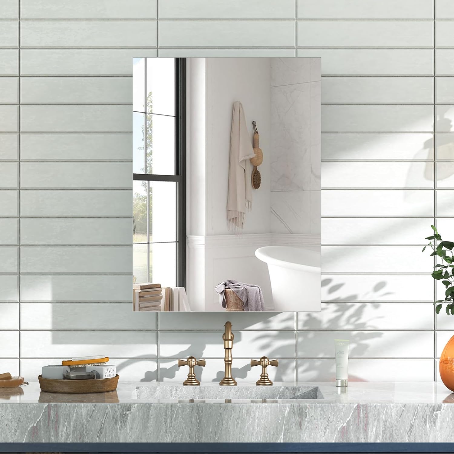 26x20 Inch Bathroom Medicine Cabinet with Mirror, Pre-Assembled Bathroom Medicine Cabinets, Surface/Recessed Wall Mounted Farmhouse Large Medicine Cabinet, Sliver