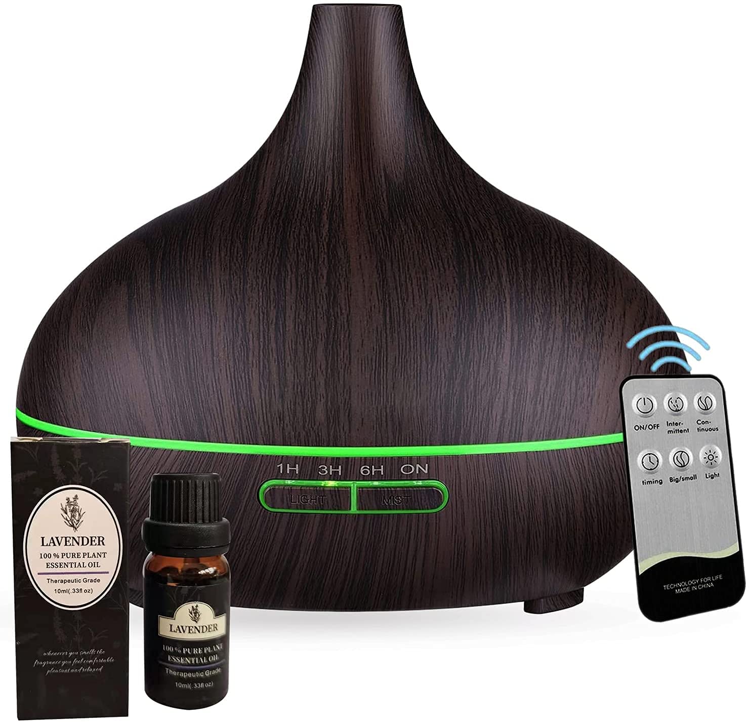 Smartoid 500ml Aromatherapy Diffuser + Free Lavender Oil, Remote Control Cool Mist Humidifier, Ultrasonic Aroma Essential Oil Diffuser Office Home Bedroom Living Room Study Wood Grain 7 Colors LED