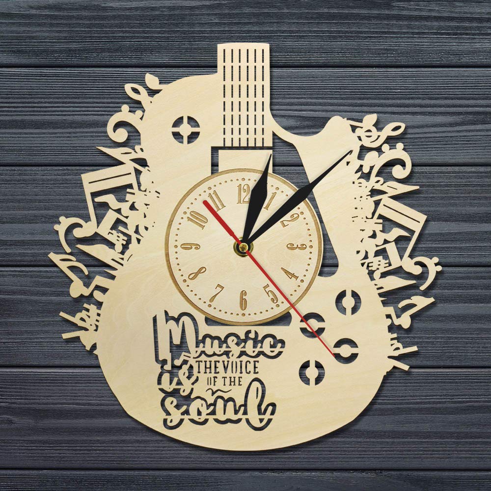 ELD La música es la Voz del Alma Guitarra Reloj de Pared de Madera rústica Cita Musical inspiradora Reloj de Pared Decoración de Arte de Pared ecológica
