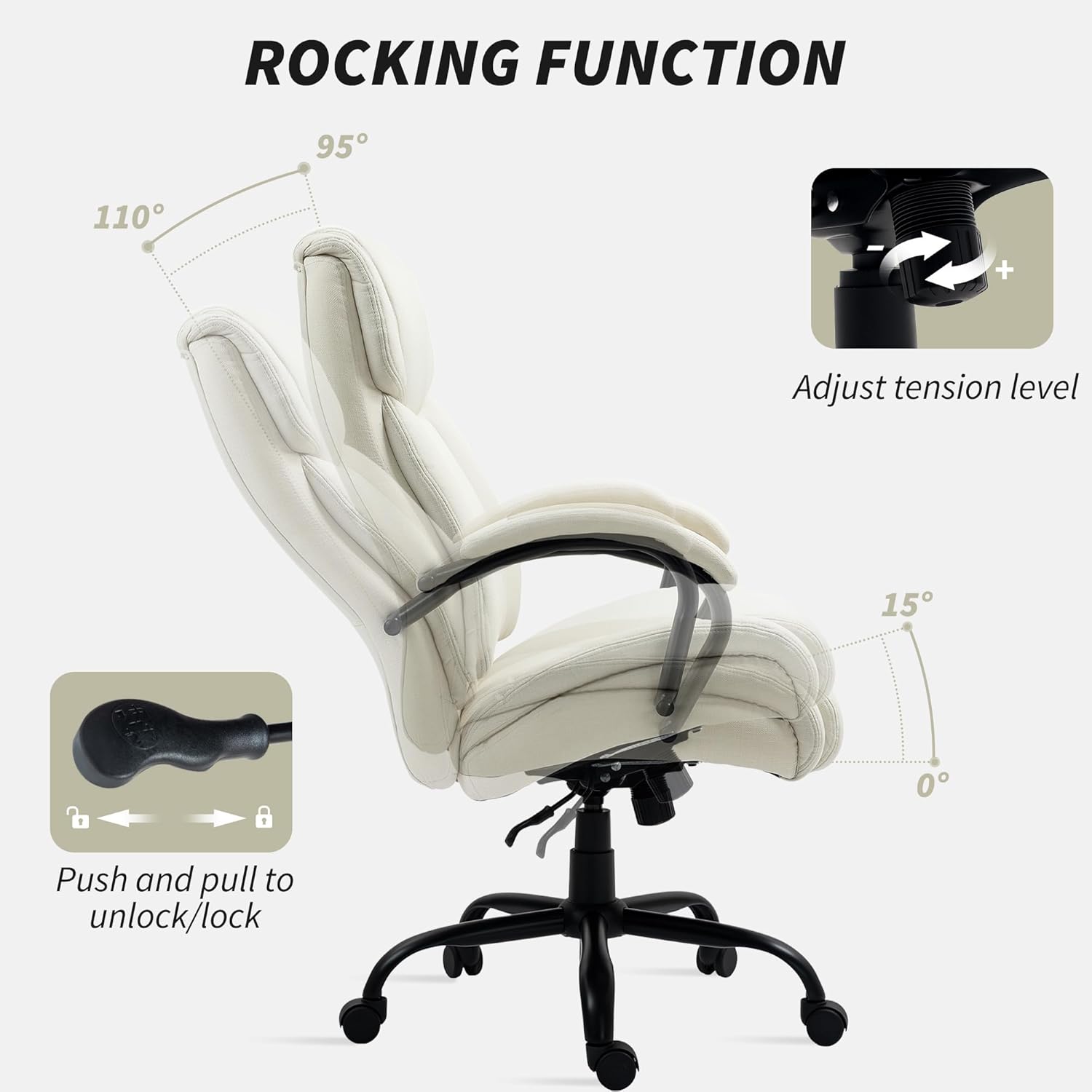 Diagram showing the 360-degree swivel capability of the office chair and its casters for flexible movement.