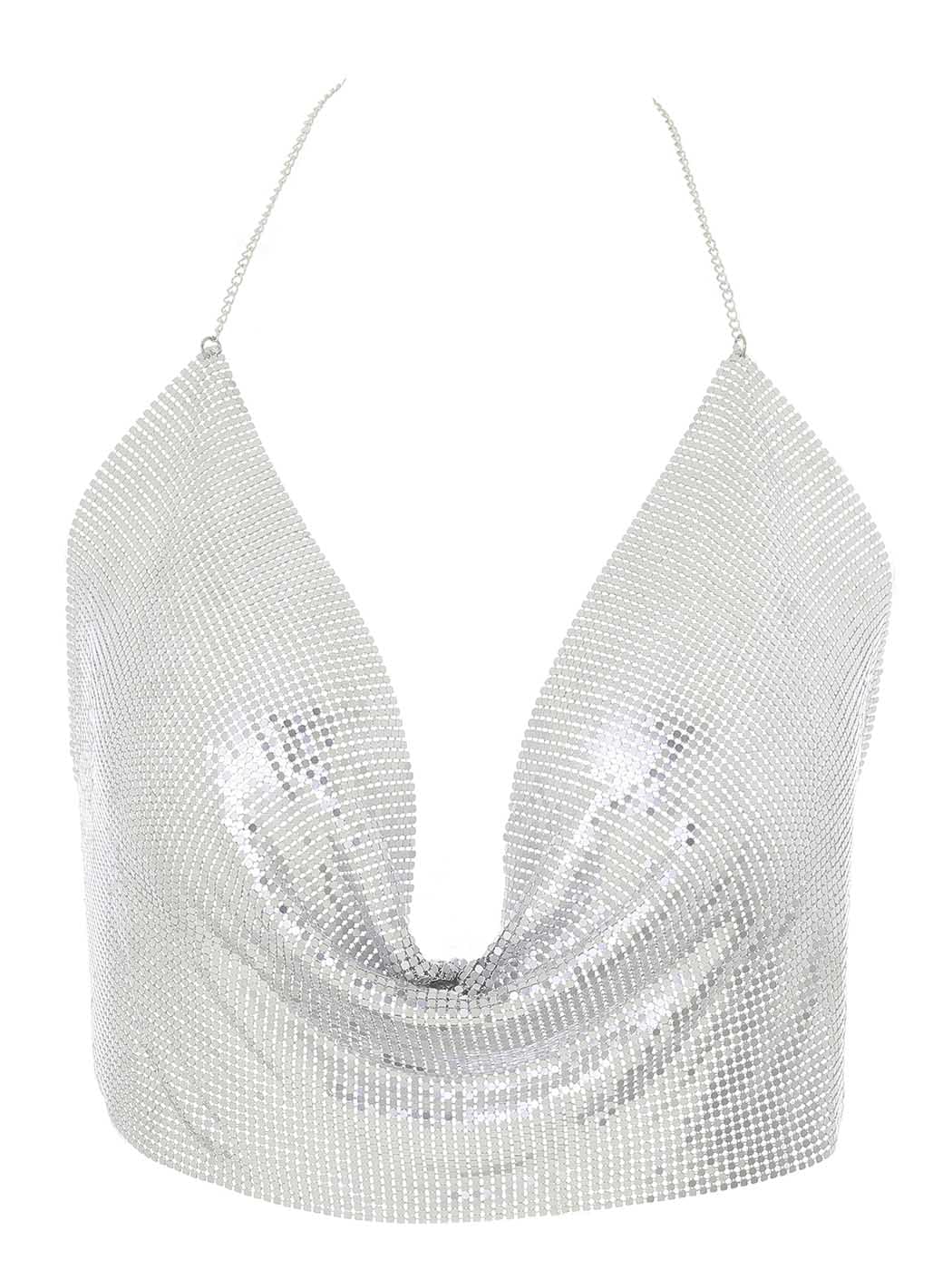 Glitter Metal Body Chain Sequin Vest Crop Tops Deep V Chain Halter Backless Top Nightclub Party Body Harness Accessories for Women