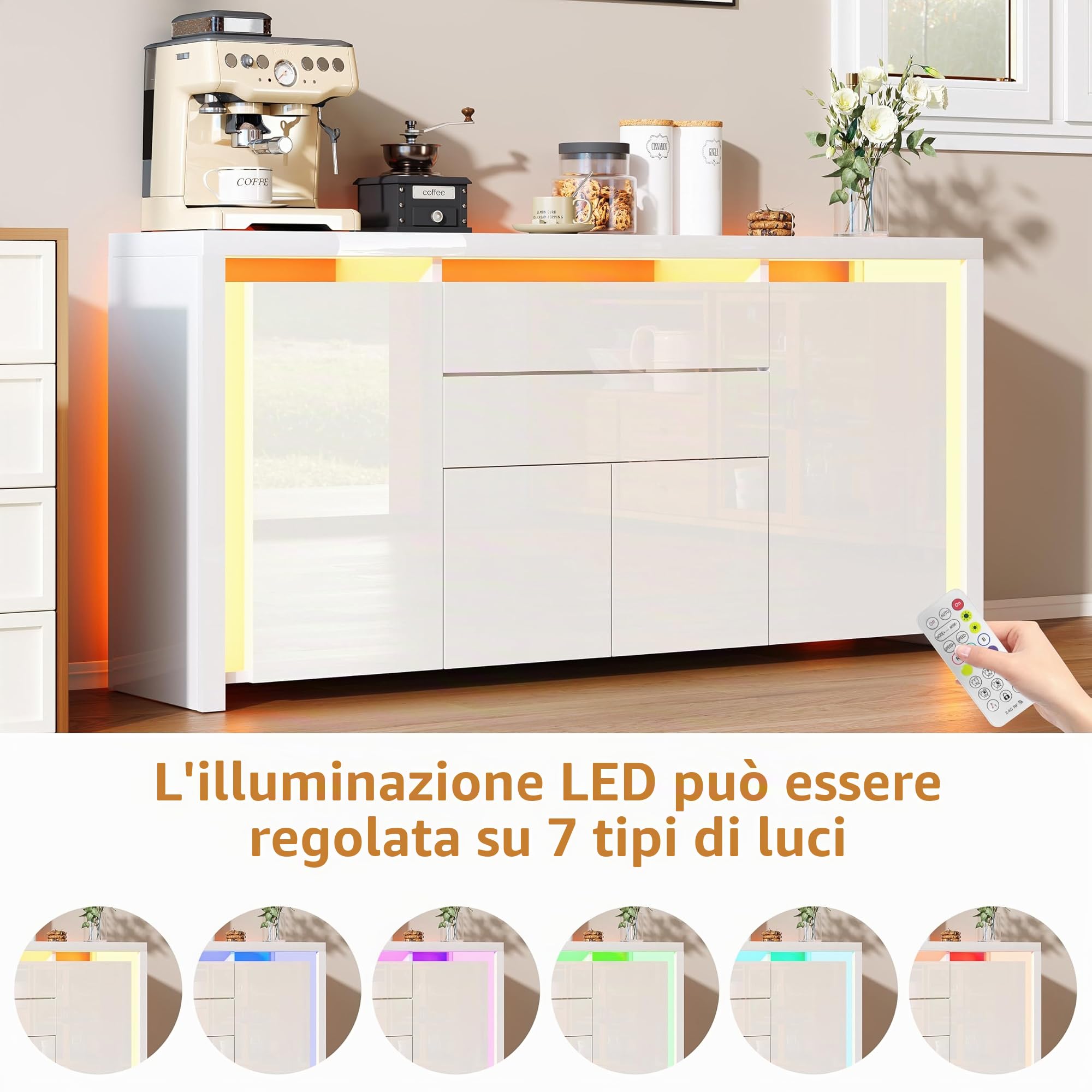 Comò bianco lucido con illuminazione a LED, credenza moderna con 2 cassetti e 4 armadi, armadietto per corridoio, buffet, TV, soggiorno, camera da letto, ufficio, corridoio