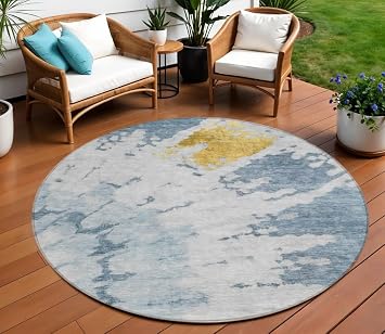 HomeRoots 578294 8 ft. Round Abstract Washable Indoor & Outdoor Area Rug Denim Blue & Sky Blue