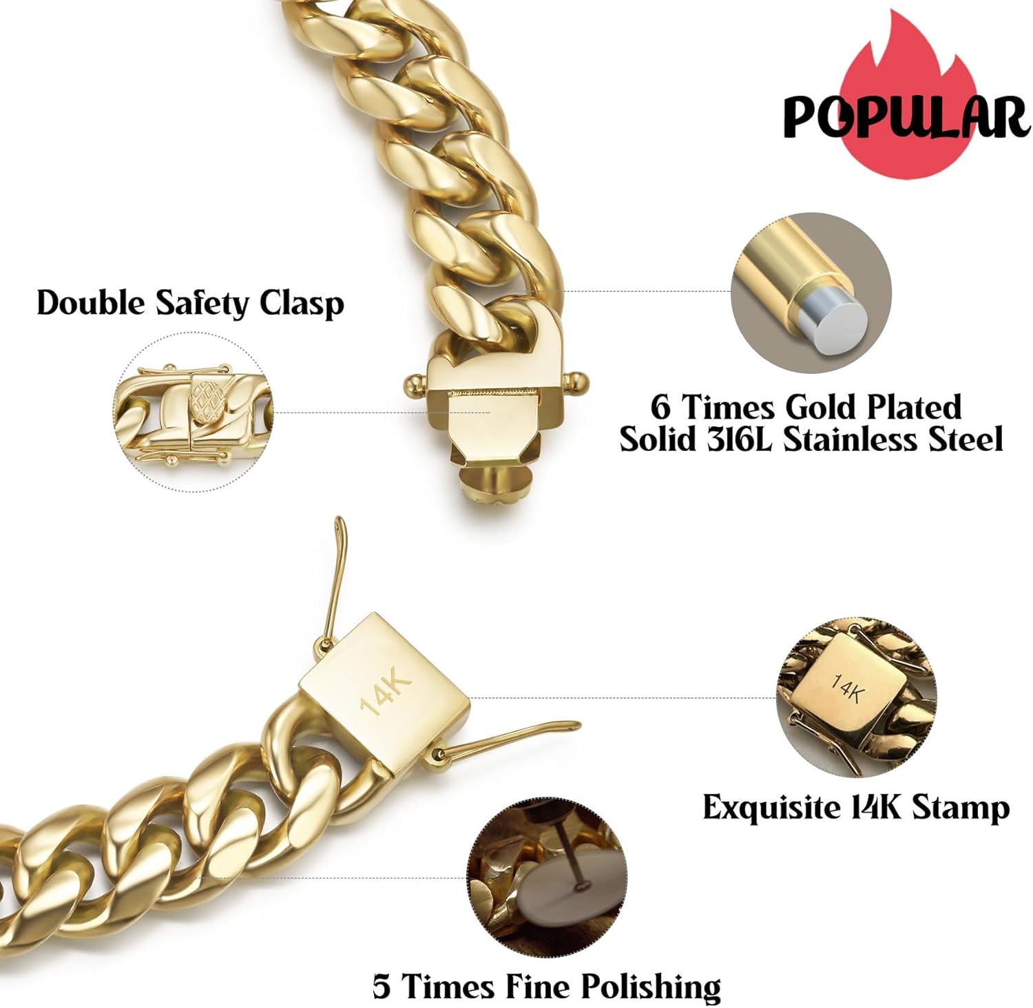CG&KYGG 12MM 18MM 14K Gold Plated Cuban Link Bracelet for Men, Chunky 316L Stainless Steel Chain for Women, Gift for Birthday & Holiday(Delicate Package, Double Safety Clasp with 14K Stamp) - Image 2