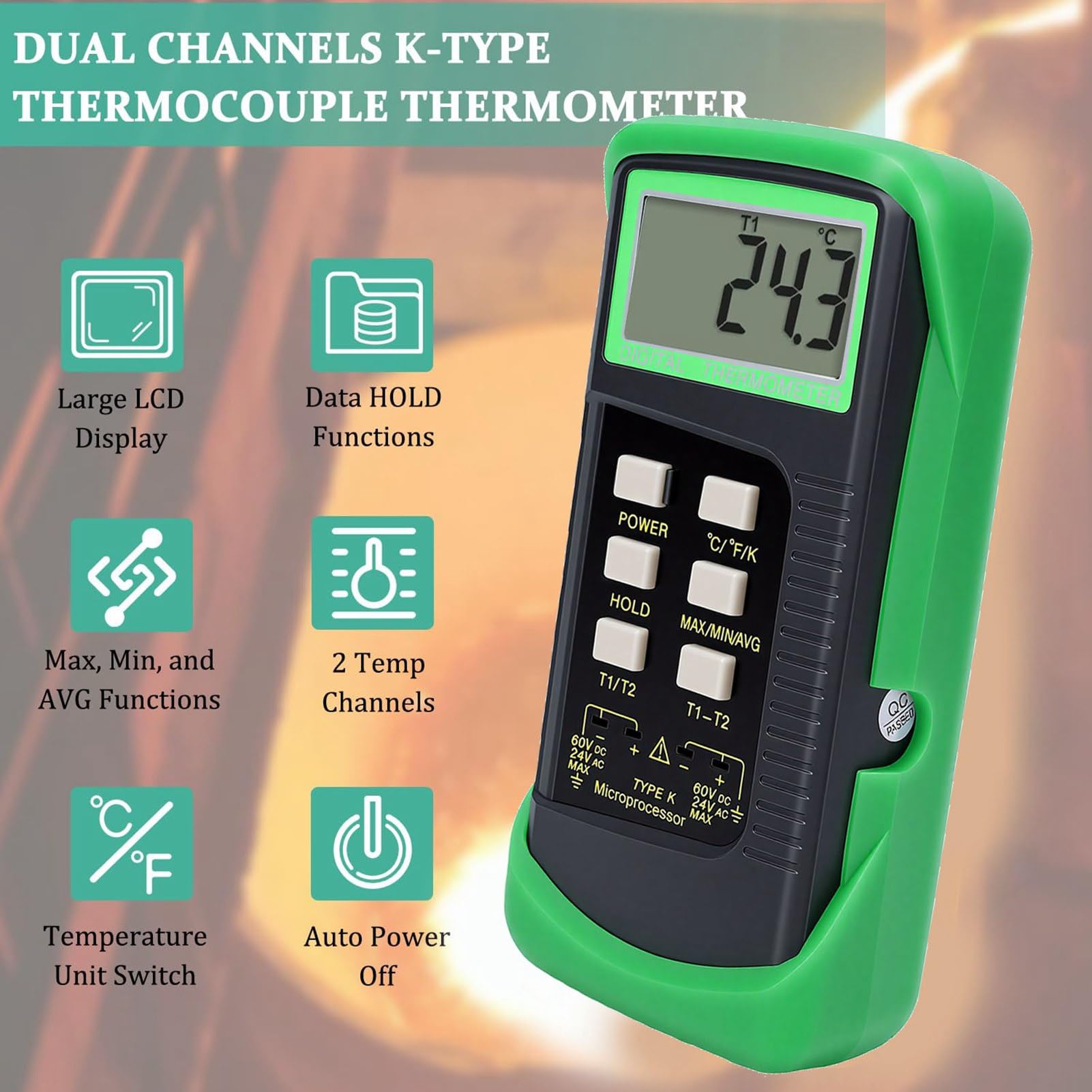 Naroote Termometro per Termocoppia Tipo K Tester per Termocoppia Tipo K a Doppio Canale con 2 Sonde 2 Mantenimento Dati Massimo Minimo Medio per Alimenti Industriali HVAC