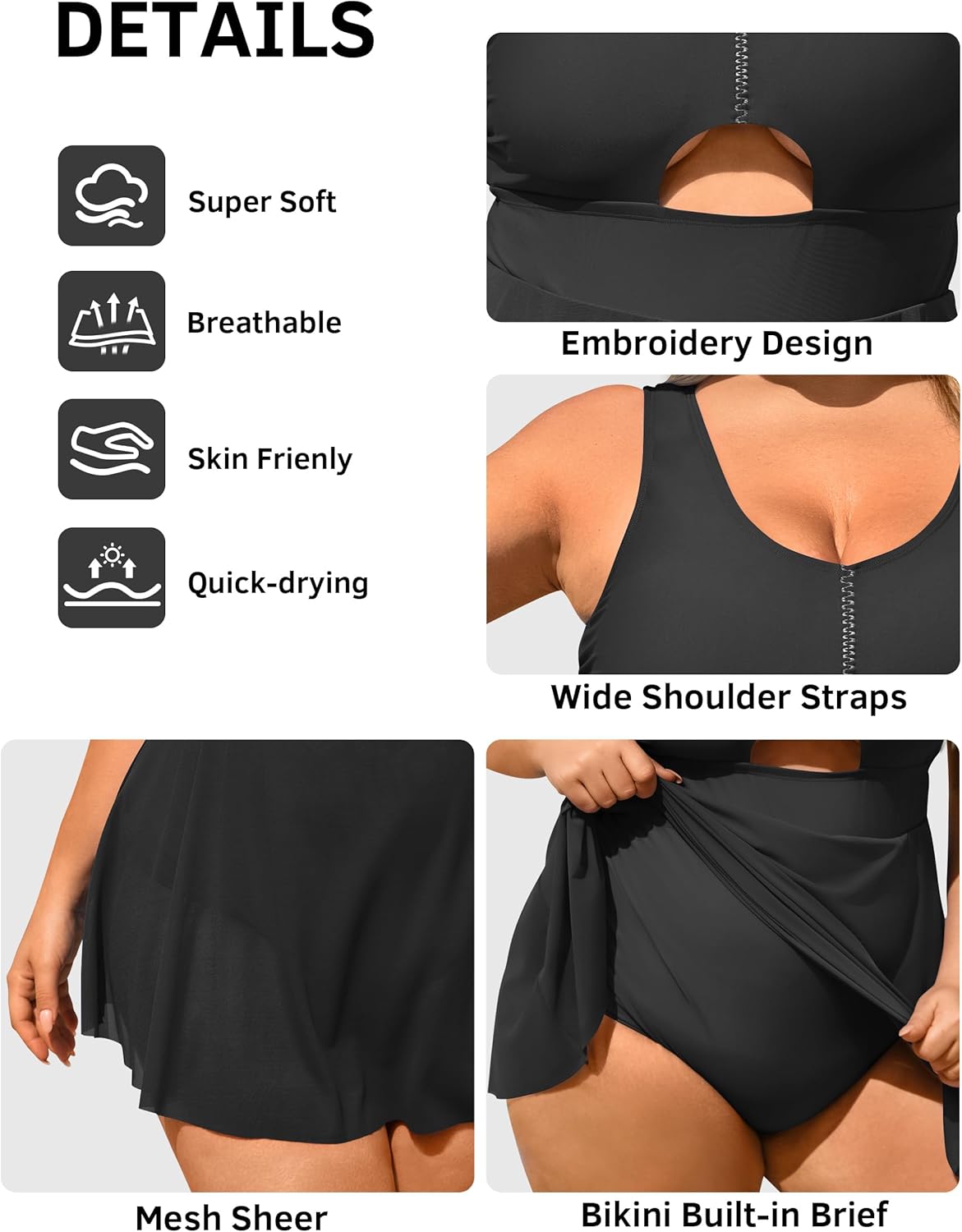 Womens Plus Size Swim Dress One Piece Swimsuits Black Sexy Built in Panties Cutout U Neck Romper Bathing Suits XL