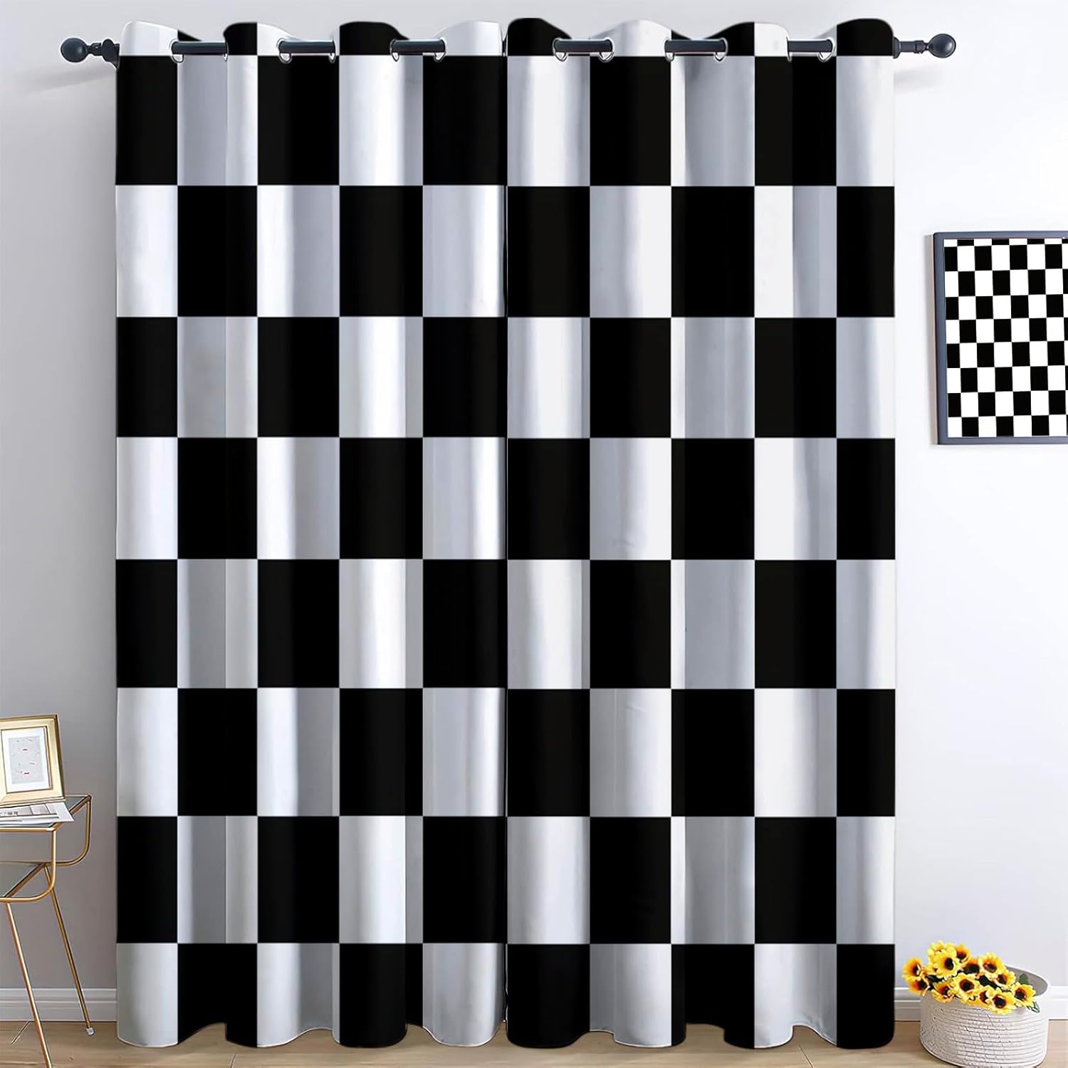 Creative Black and White Checkered Blackout Curtains for Girls Boy Home Decor, Grommet Thermal Insulated Drapes Darkening Window Curtain for Bedroom Living Room,2-Panel Set 36" W x 63" L