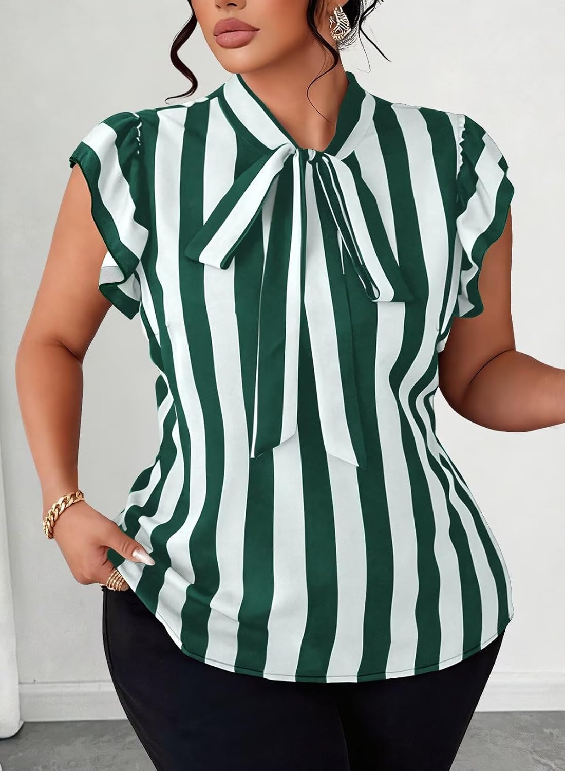 Falechay Women's Vertical Striped Tie Neck Blouses Ruffle Cap Sleeve Summer Work Tops Dressy Casual Elegant Business Shirts
