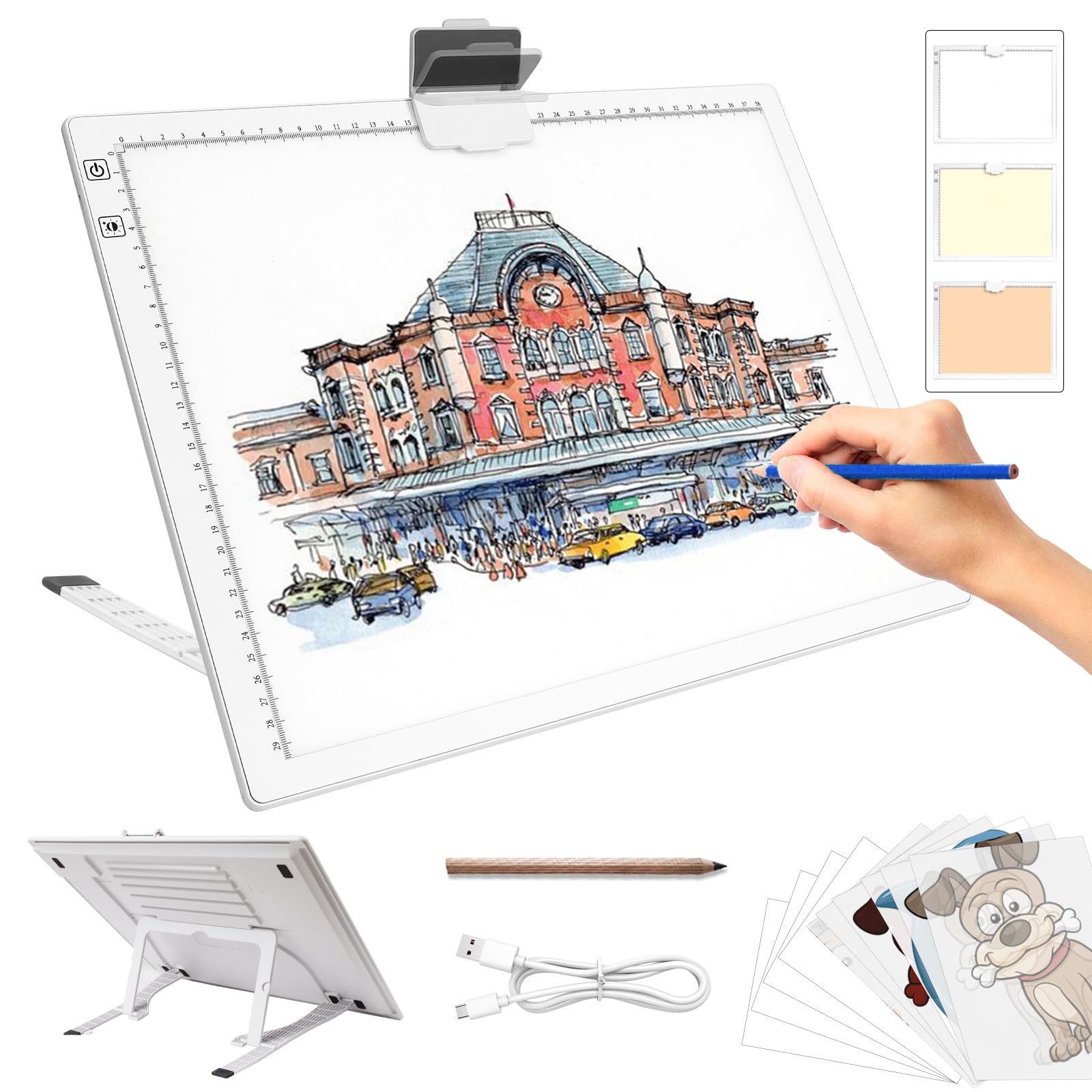 Leuchttisch A3, Tragbares Batteriebetriebene Light Pad, Wiederaufladbare Diamond Painting Leuchttisch mit Ständer, 3 Farben 6 Helligkeitsstufen Leuchtplatte für Abpausen(weiß)